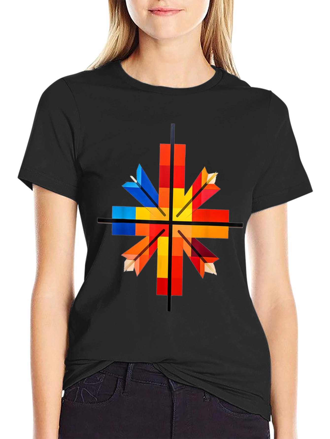 Black Geometric Arrow Graphic Tee - Colorful Square Design view 2