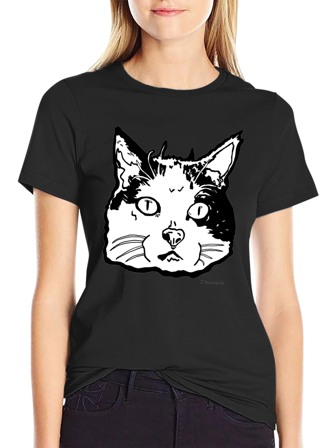 Black Cat Face Graphic T-Shirt - Black view 2