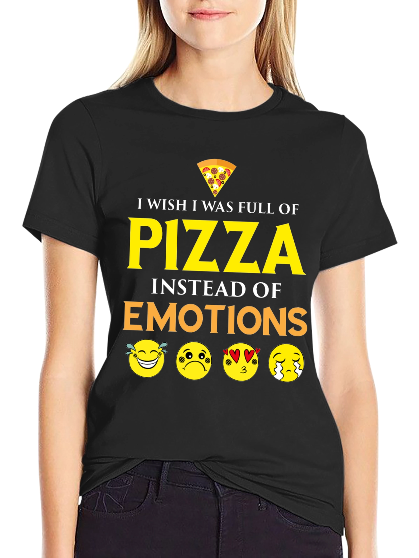 Black Pizza Emotions Graphic T-Shirt - Funny Foodie Tee view 2