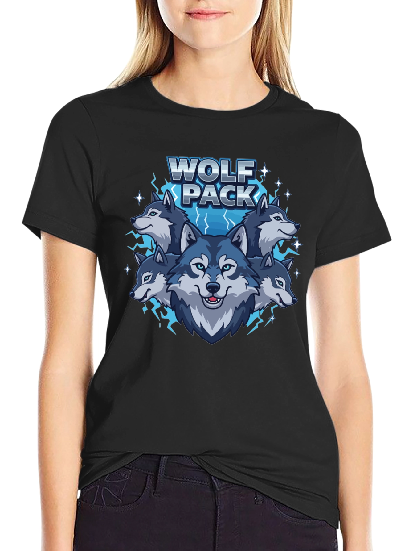 Black Wolf Pack Graphic Print Crew Neck T-Shirt view 2