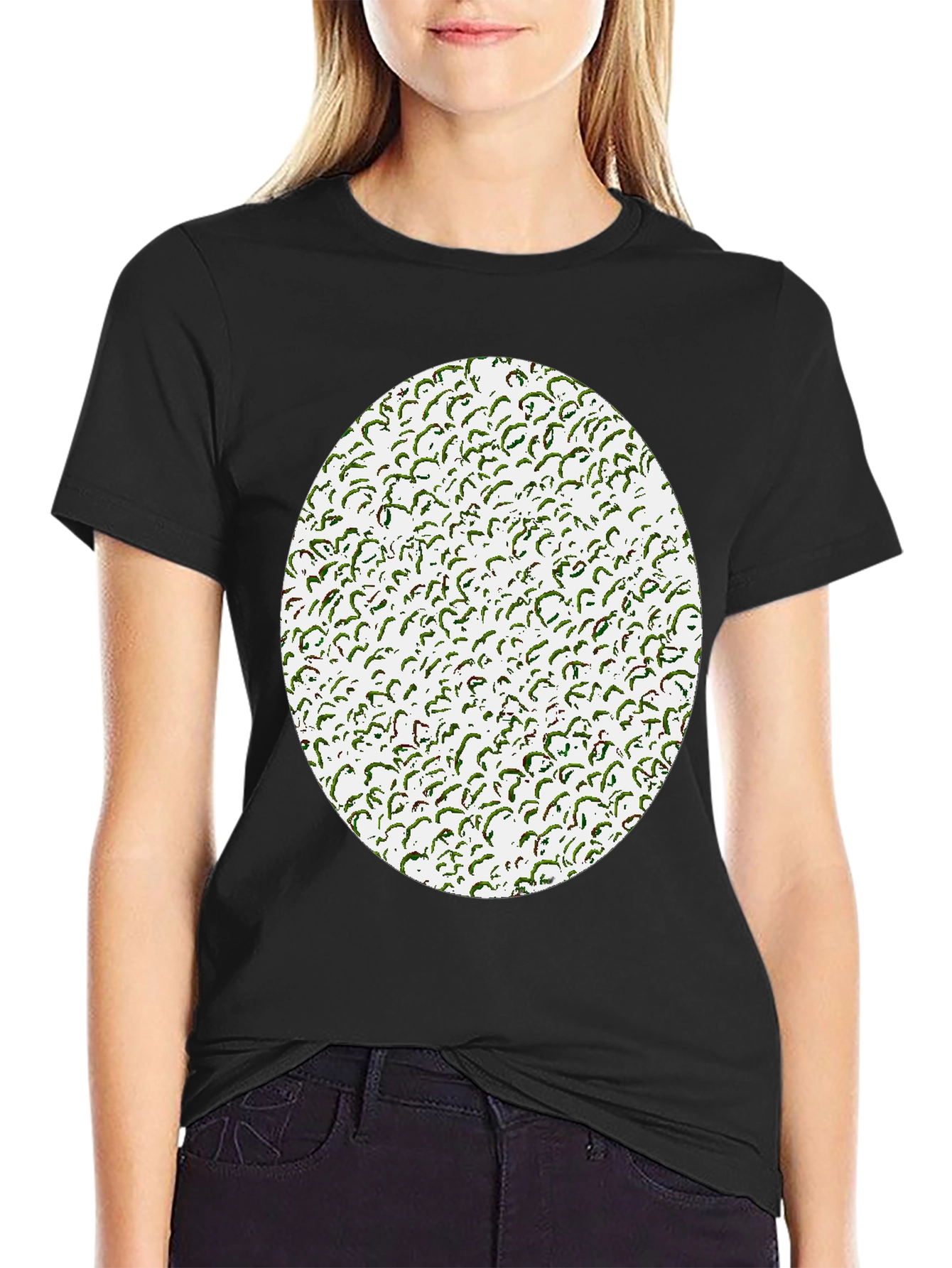 Black Novelty Green Pattern Print Black T-Shirt view 2