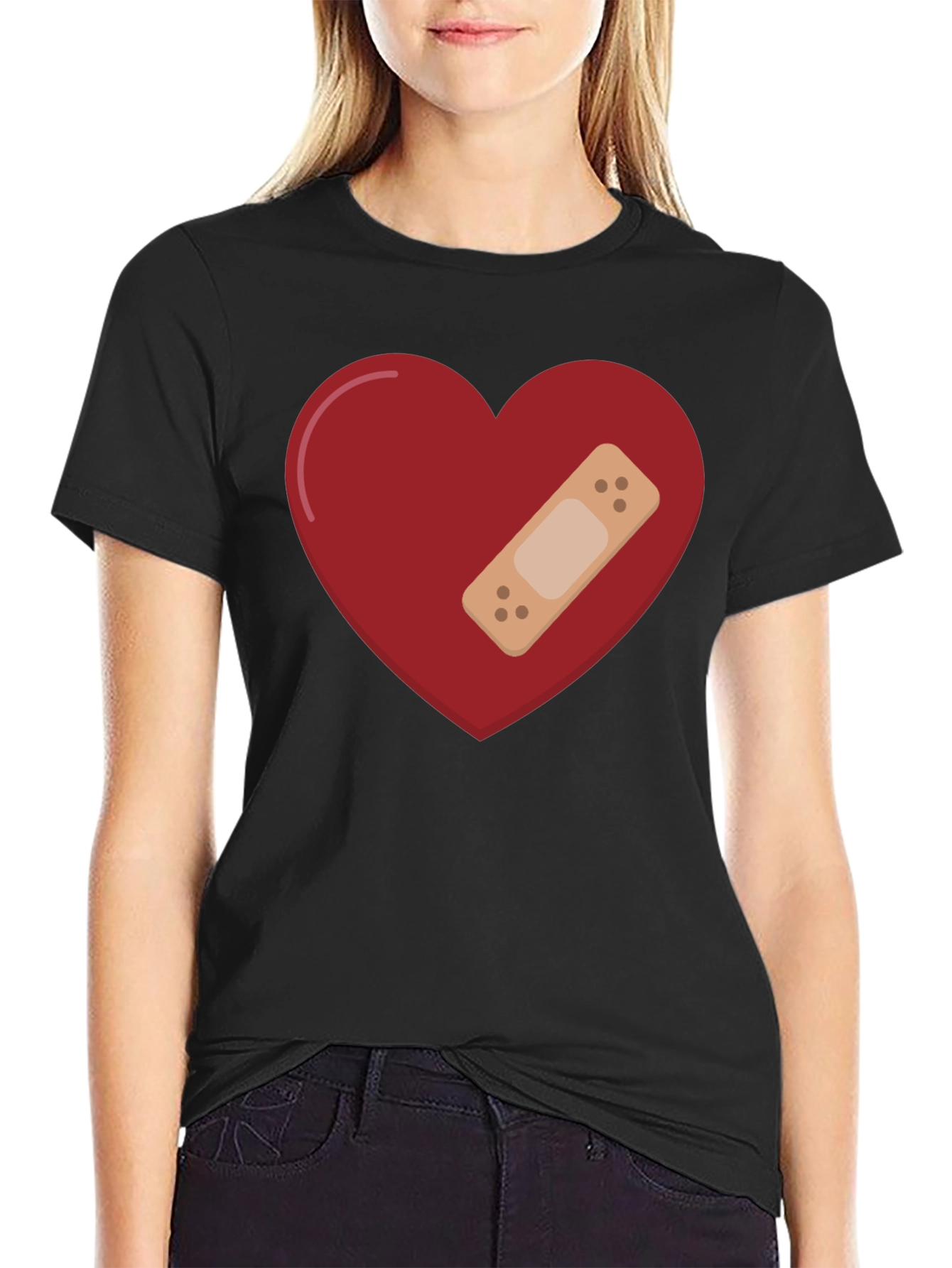 Black Heart with Bandage Graphic Tee - Unisex Black T-Shirt view 2