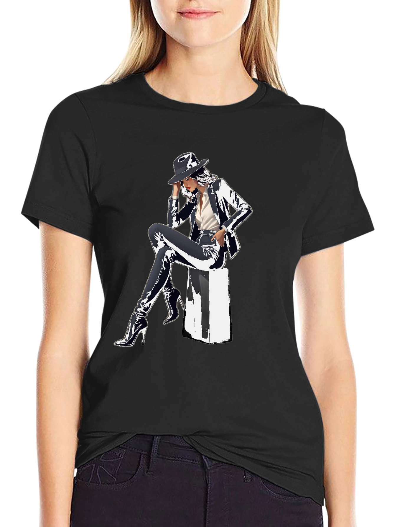 Black Sleek Graphic Tee - Woman in Shiny Suit view 2