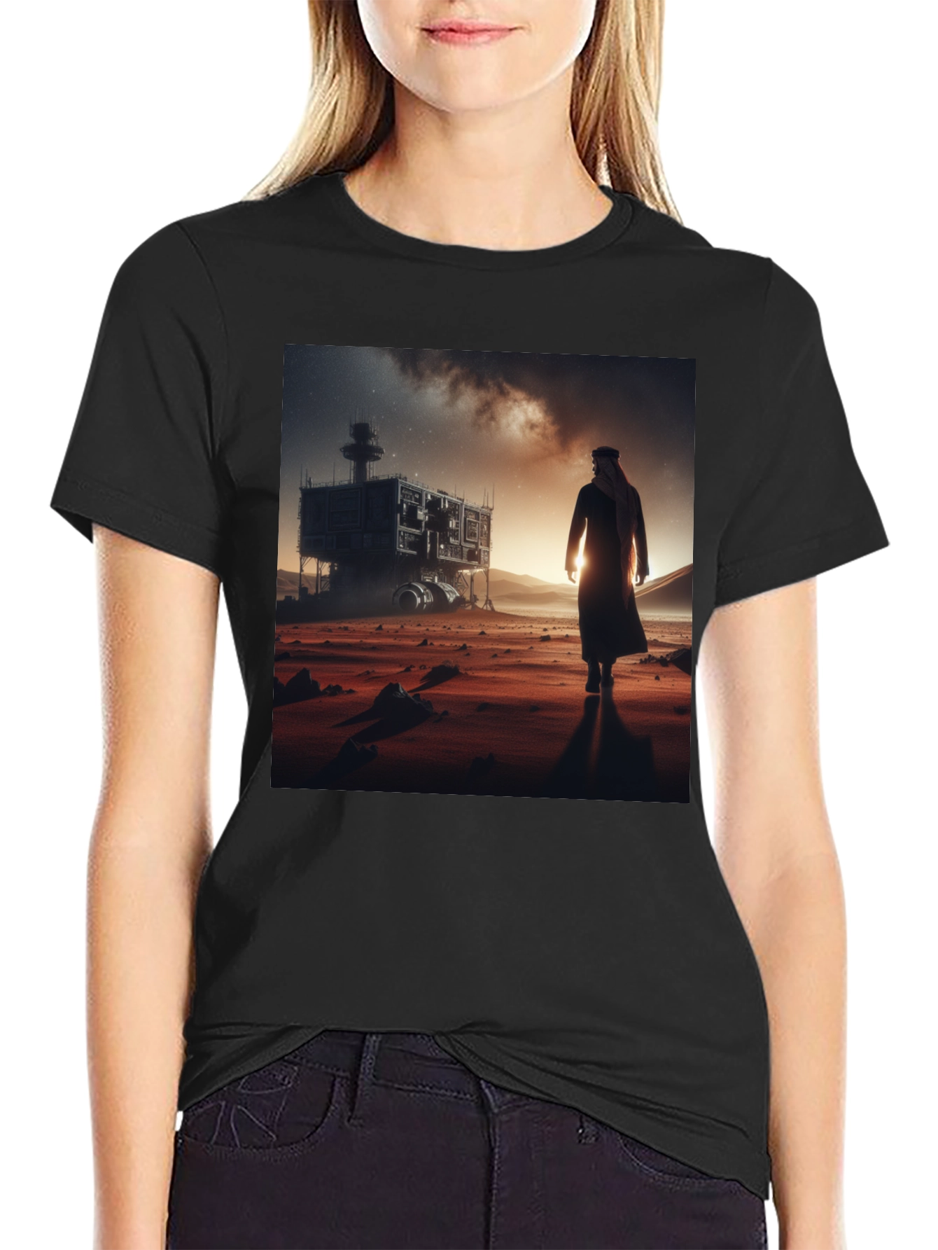 Black Futuristic Desert Traveler Graphic Tee view 2