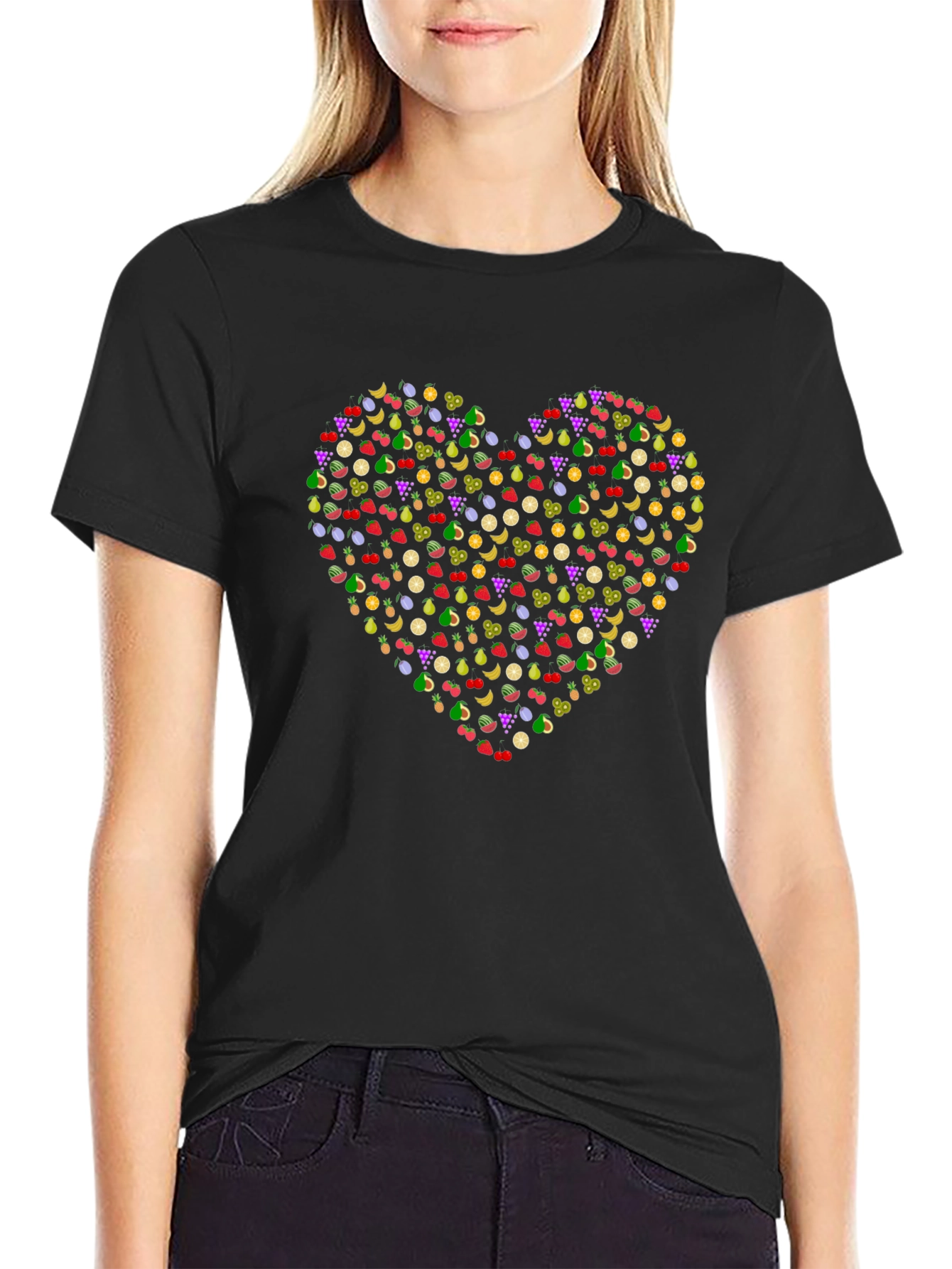 Black Fruit Heart T-Shirt - Black Cotton Tee view 2