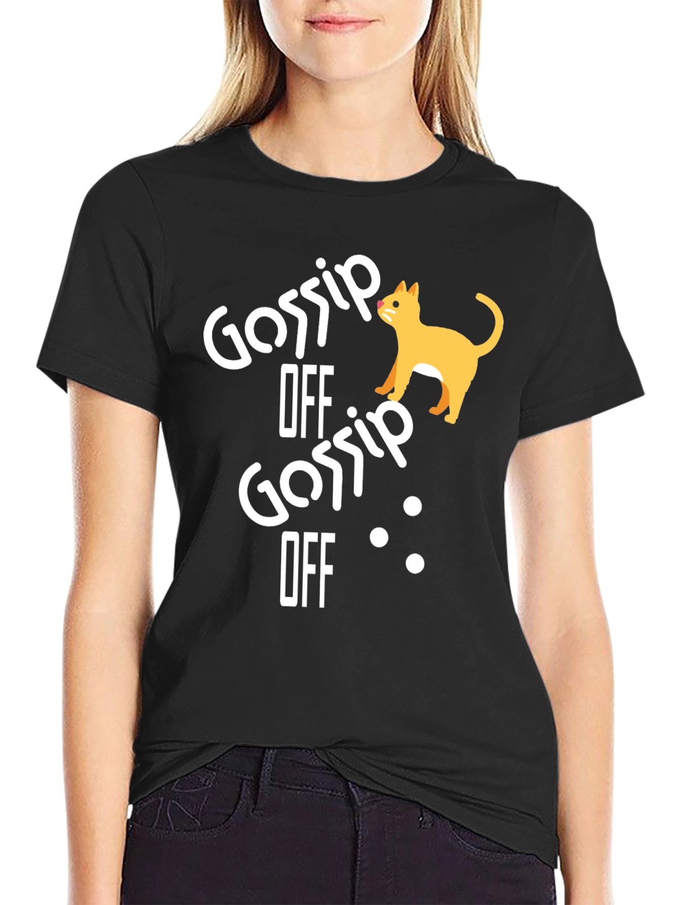Black Gossip Off Cat Graphic Tee - Unisex Black T-Shirt view 2