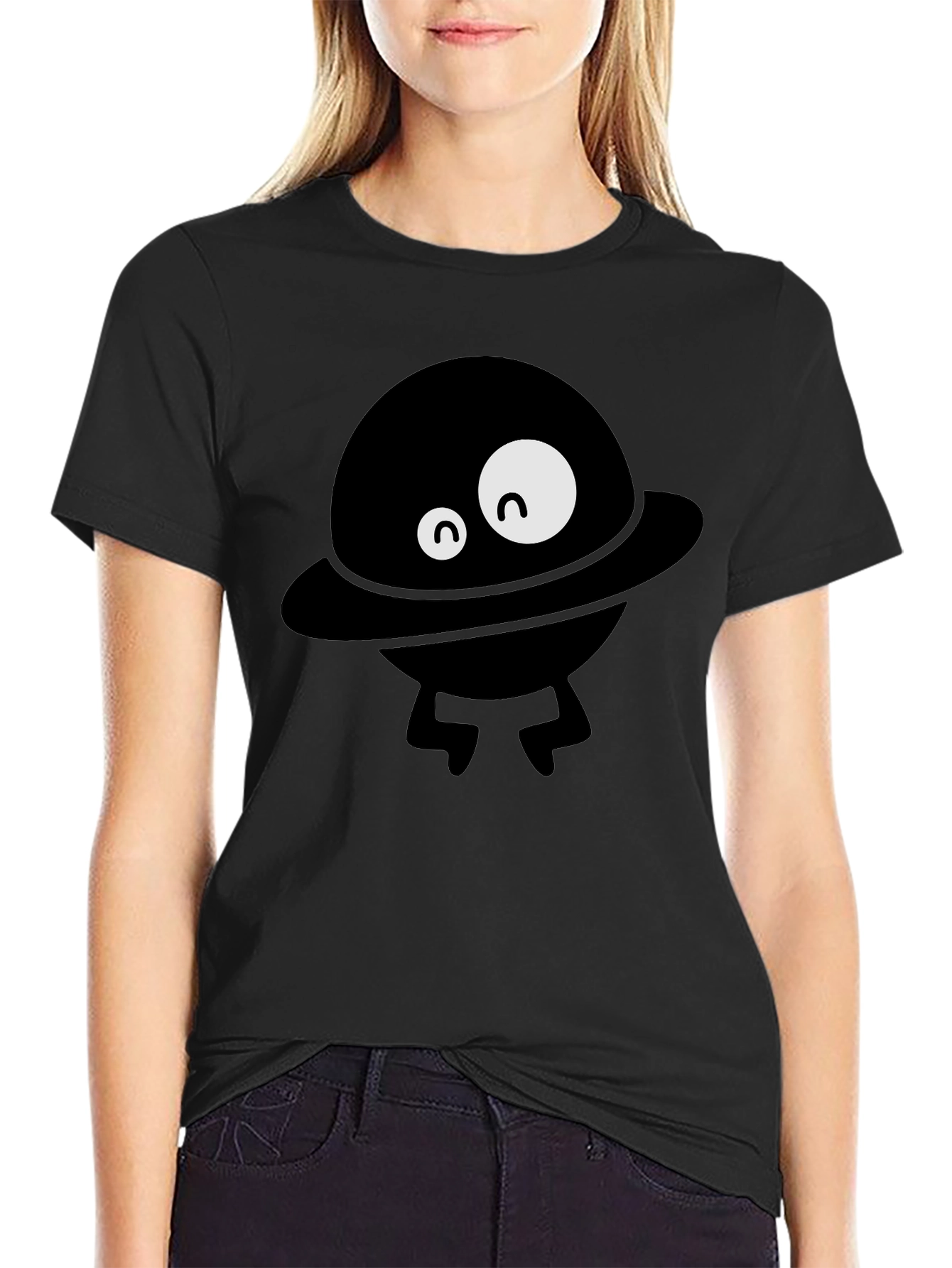 Black Funny Alien UFO Graphic Black T-Shirt view 2