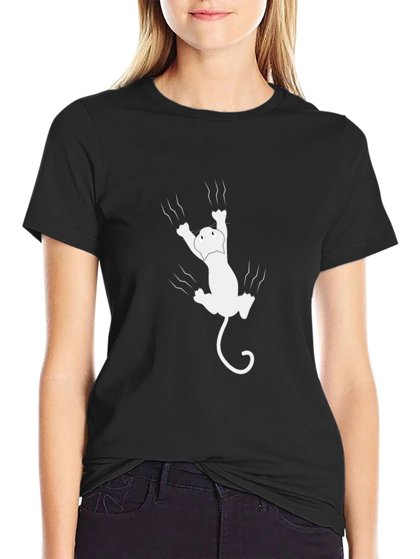 Black Funny Cat Scratching Black T-Shirt view 2