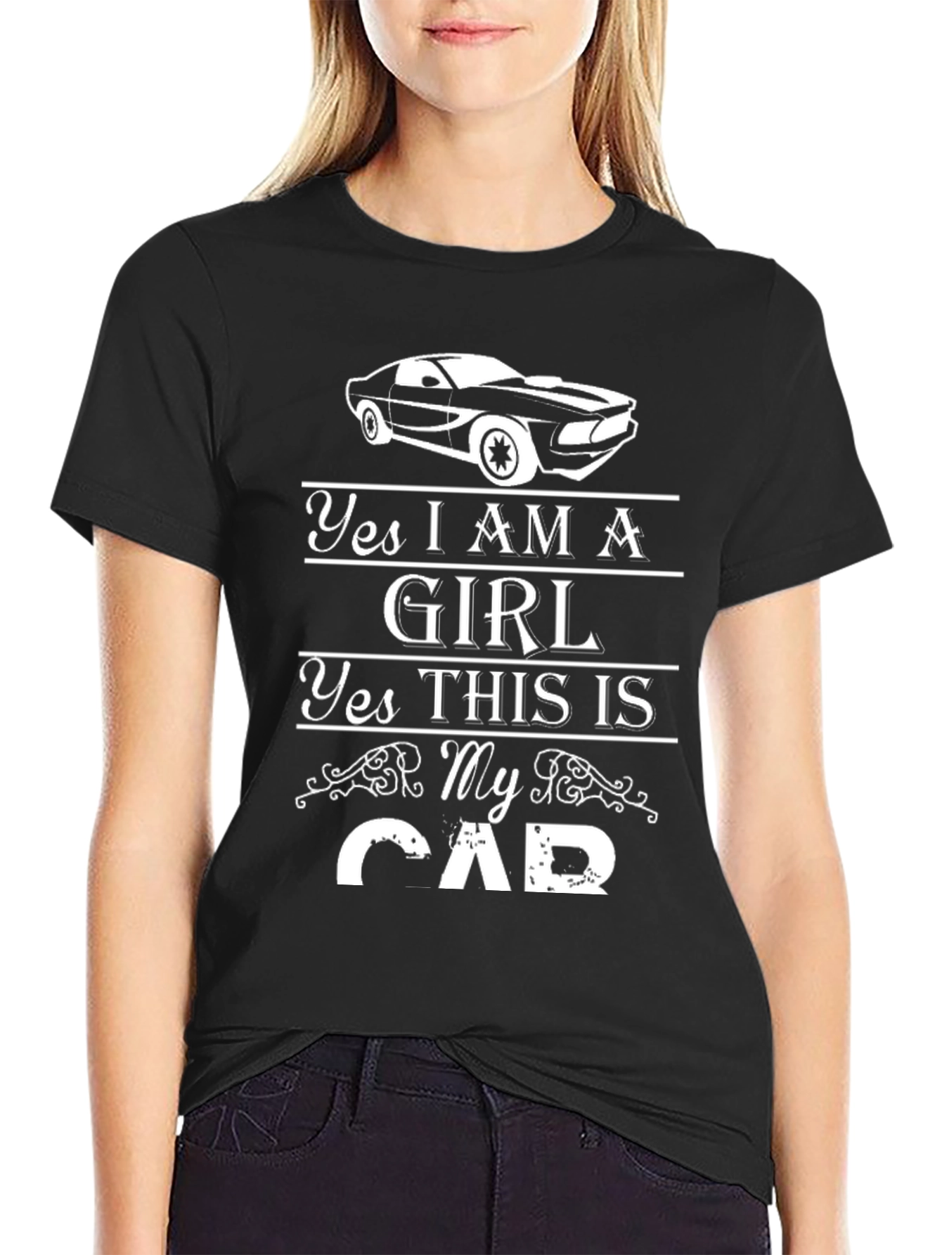 Black Yes I Am A Girl Car T-Shirt view 2