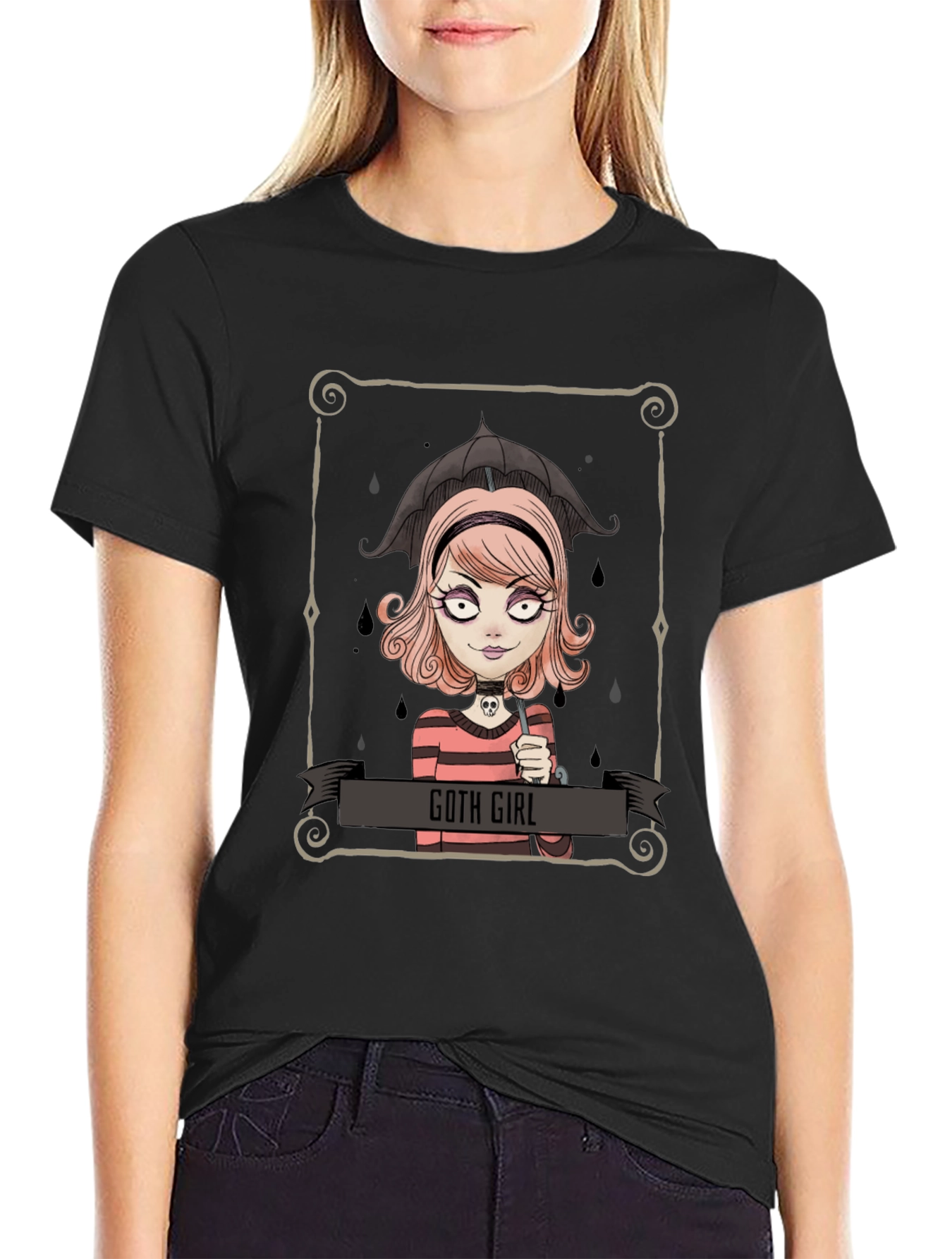 Black Goth Girl Tee - Cartoon Graphic T-Shirt view 2