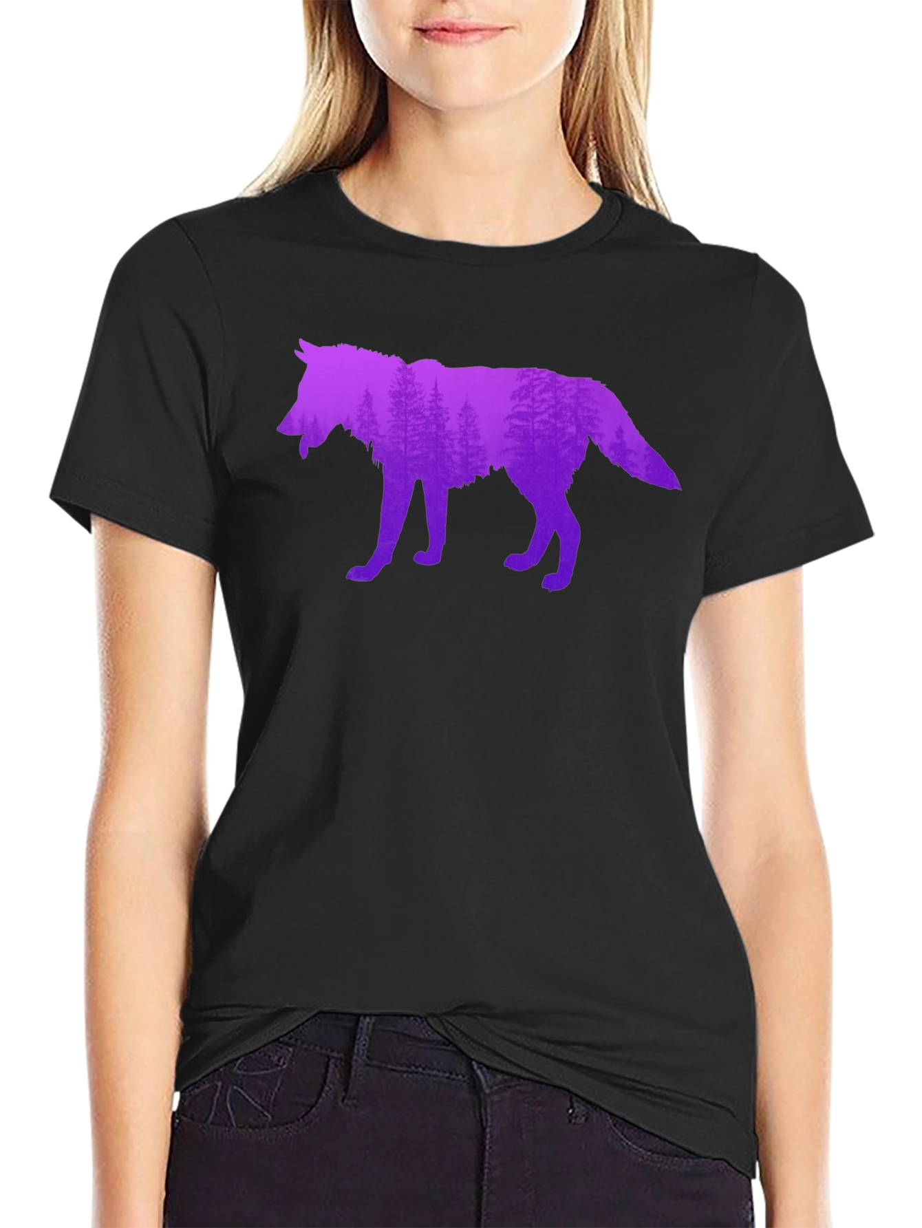 Black Wolf Silhouette Forest Graphic T-Shirt view 2