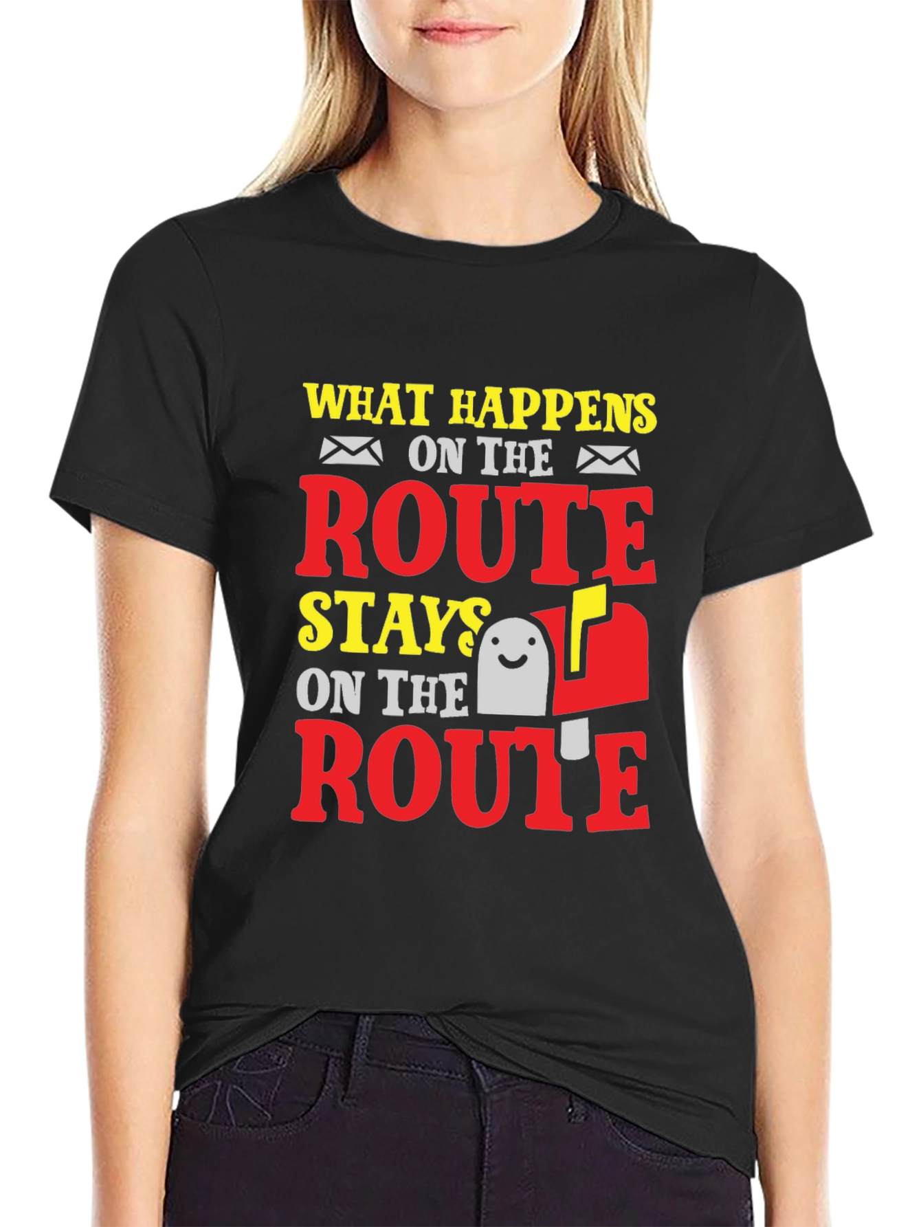 Black Funny Mail Carrier T-Shirt: What Happens on Route view 2