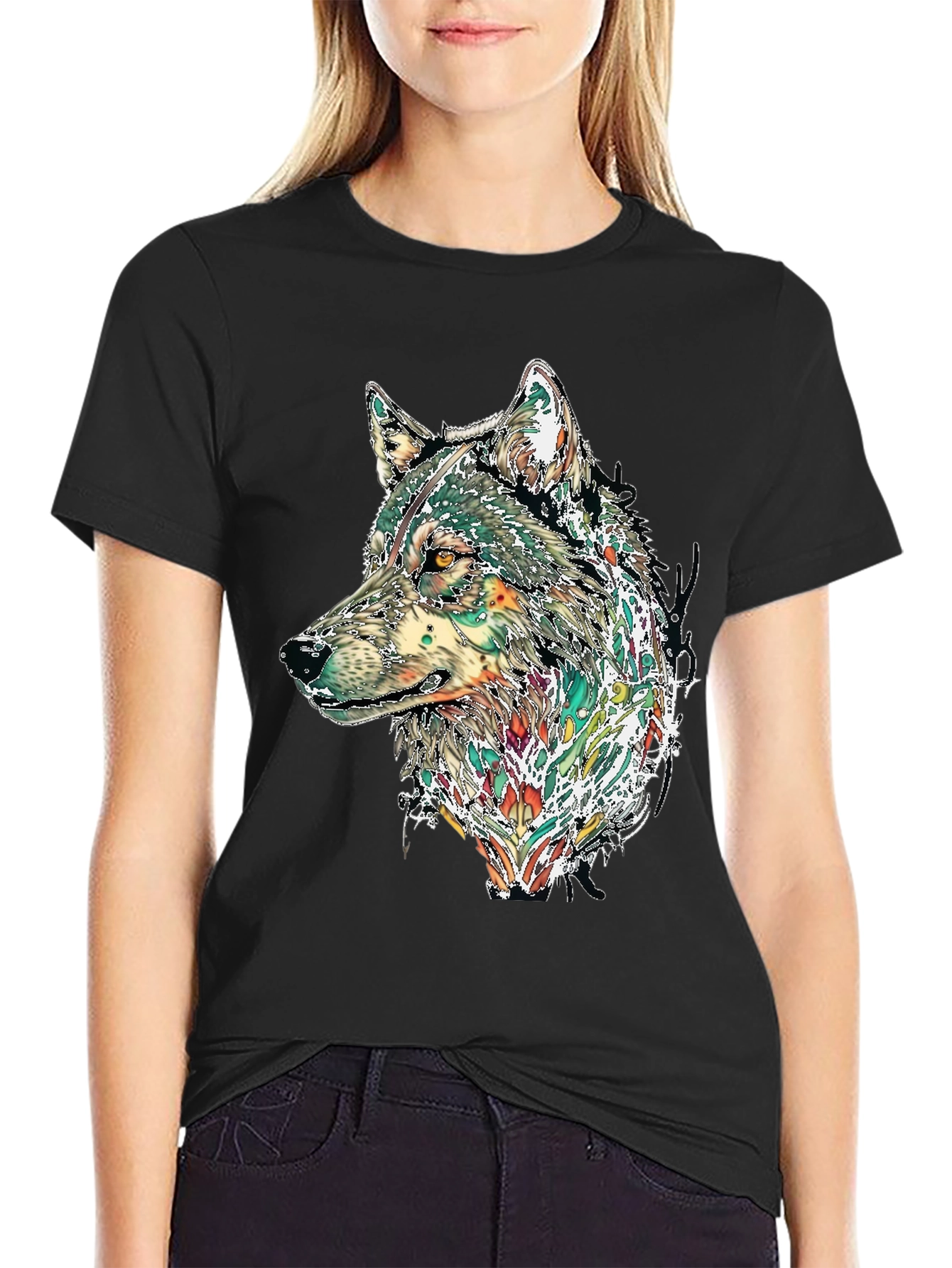 Black Wolf Graphic Print Black T-Shirt view 2