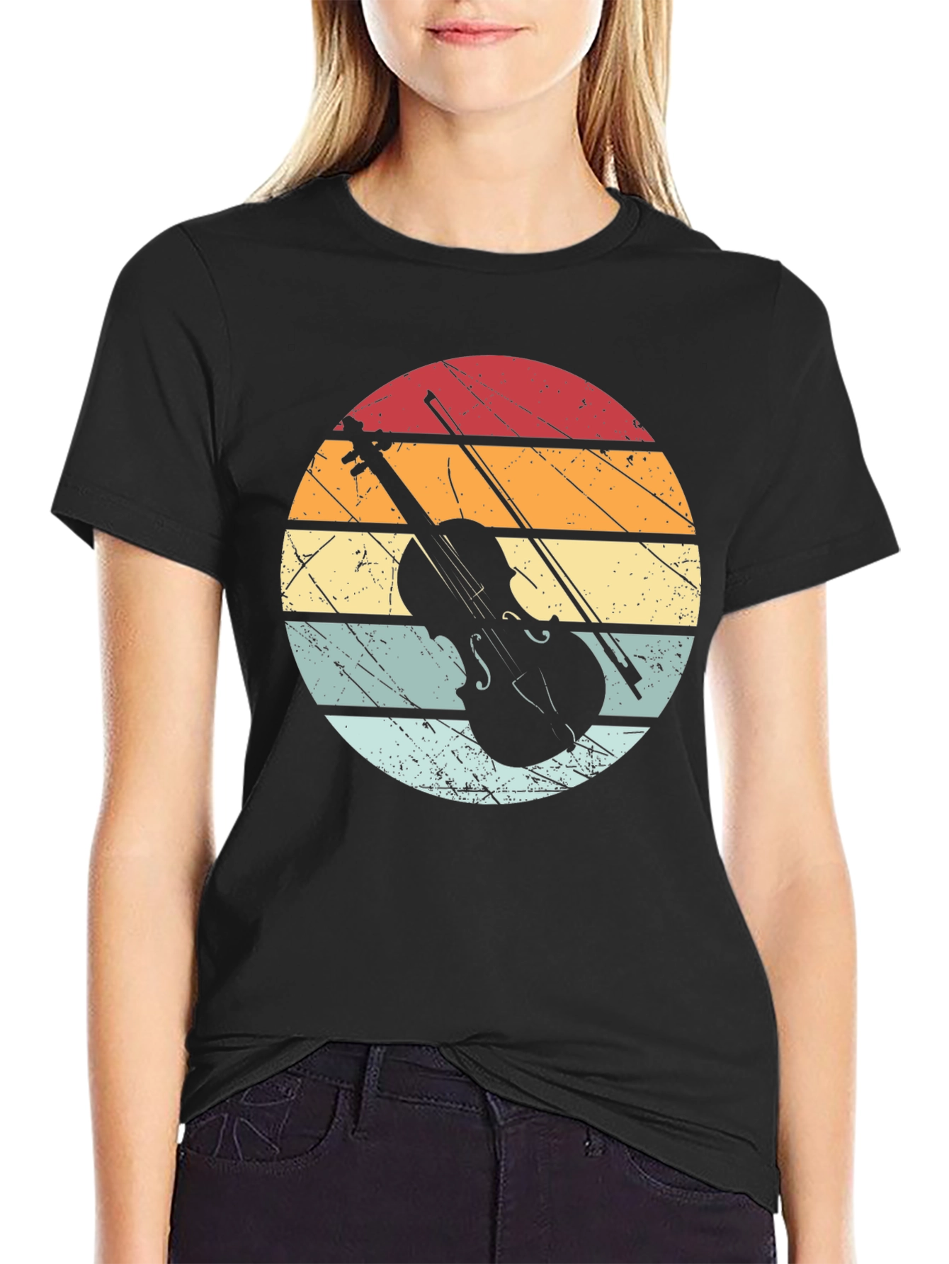 Black Vintage Violin Sunset T-Shirt view 2