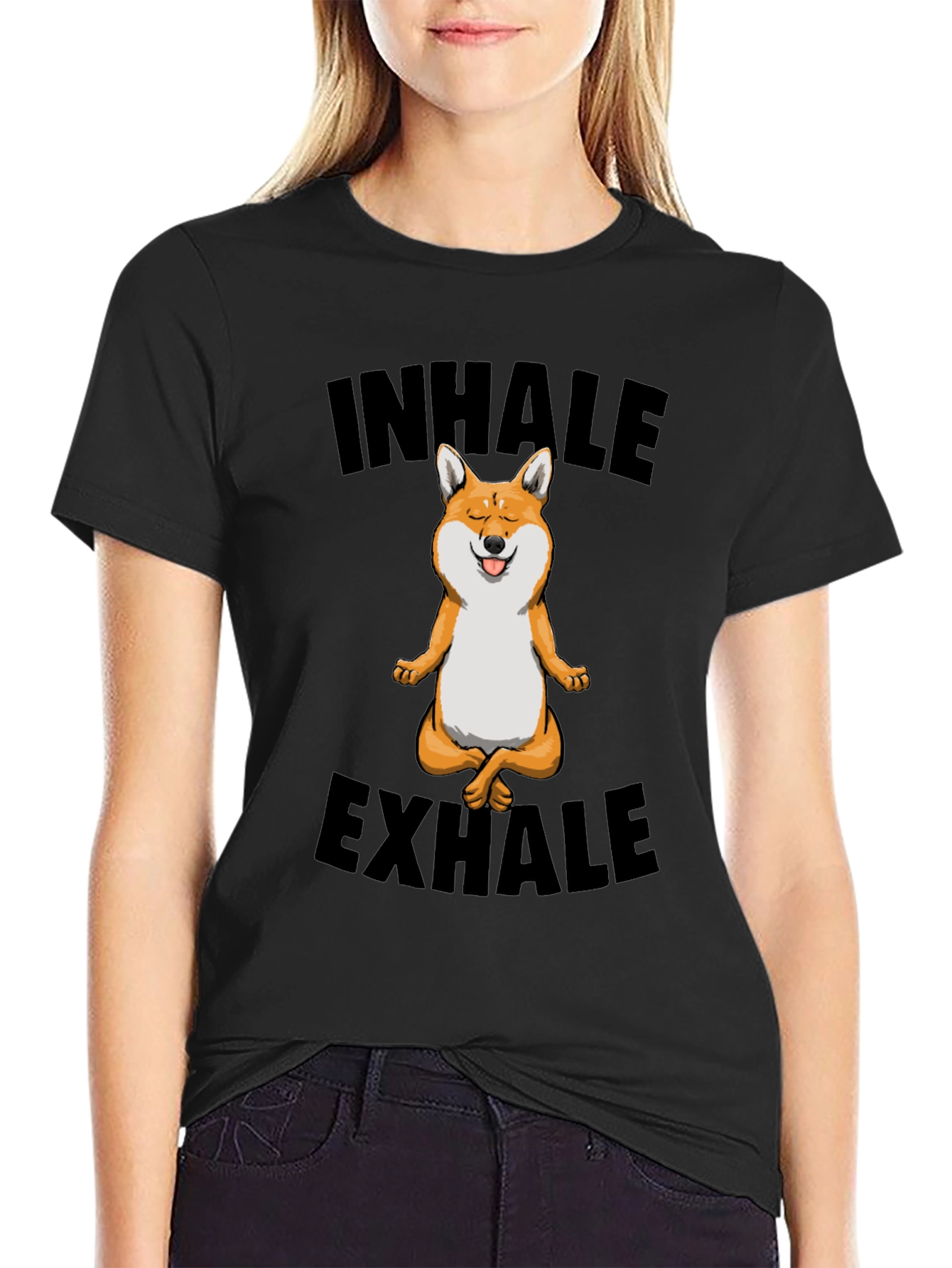 Black Yoga Dog T-Shirt - Inhale Exhale Meditation Tee view 2