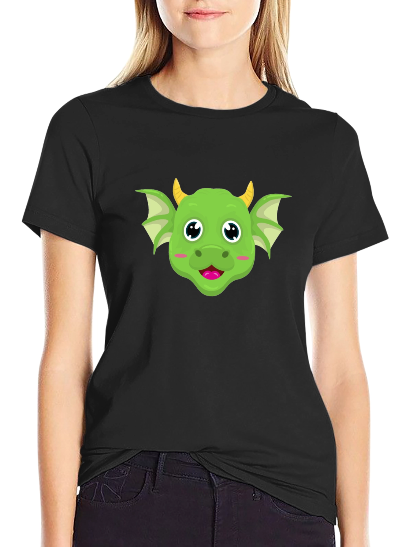 Black Cute Dragon Cartoon Graphic Tee view 2