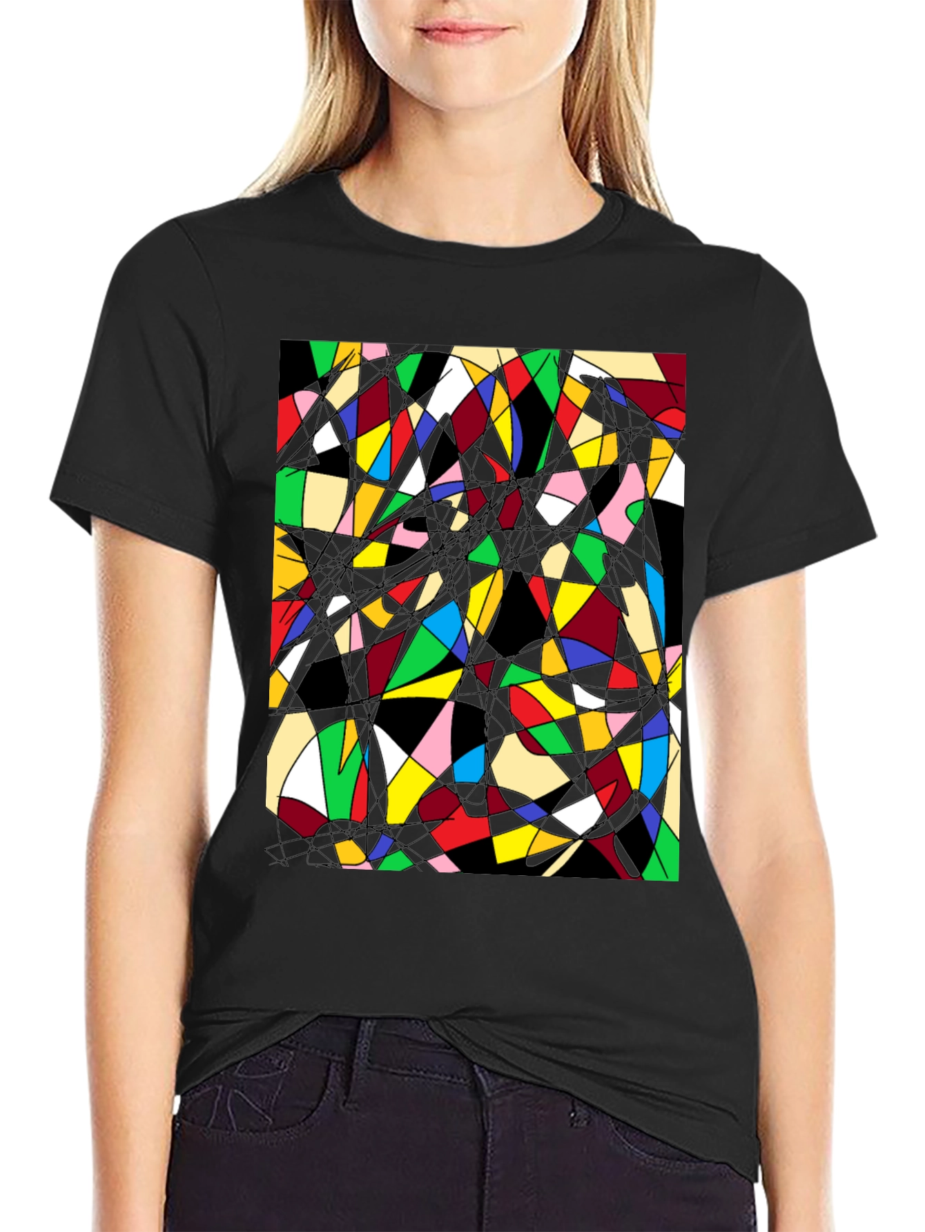 Black Abstract Geometric T-Shirt: Colorful Stained Glass Design view 2