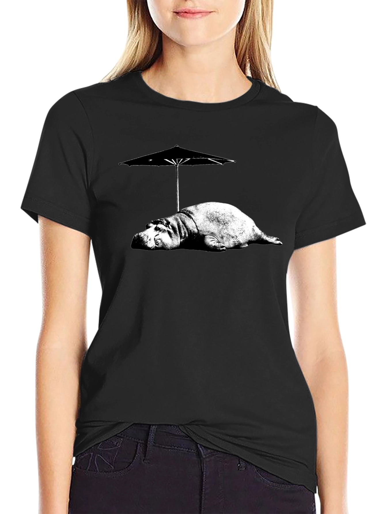 Black Hippo Under Umbrella Graphic Tee - Relaxed Summer Style view 2