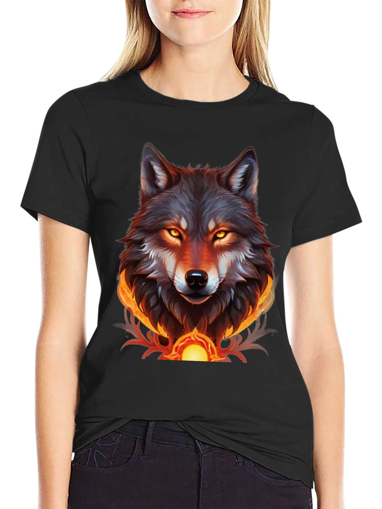 Black Fiery Wolf Graphic Tee - Bold Black T-Shirt view 2