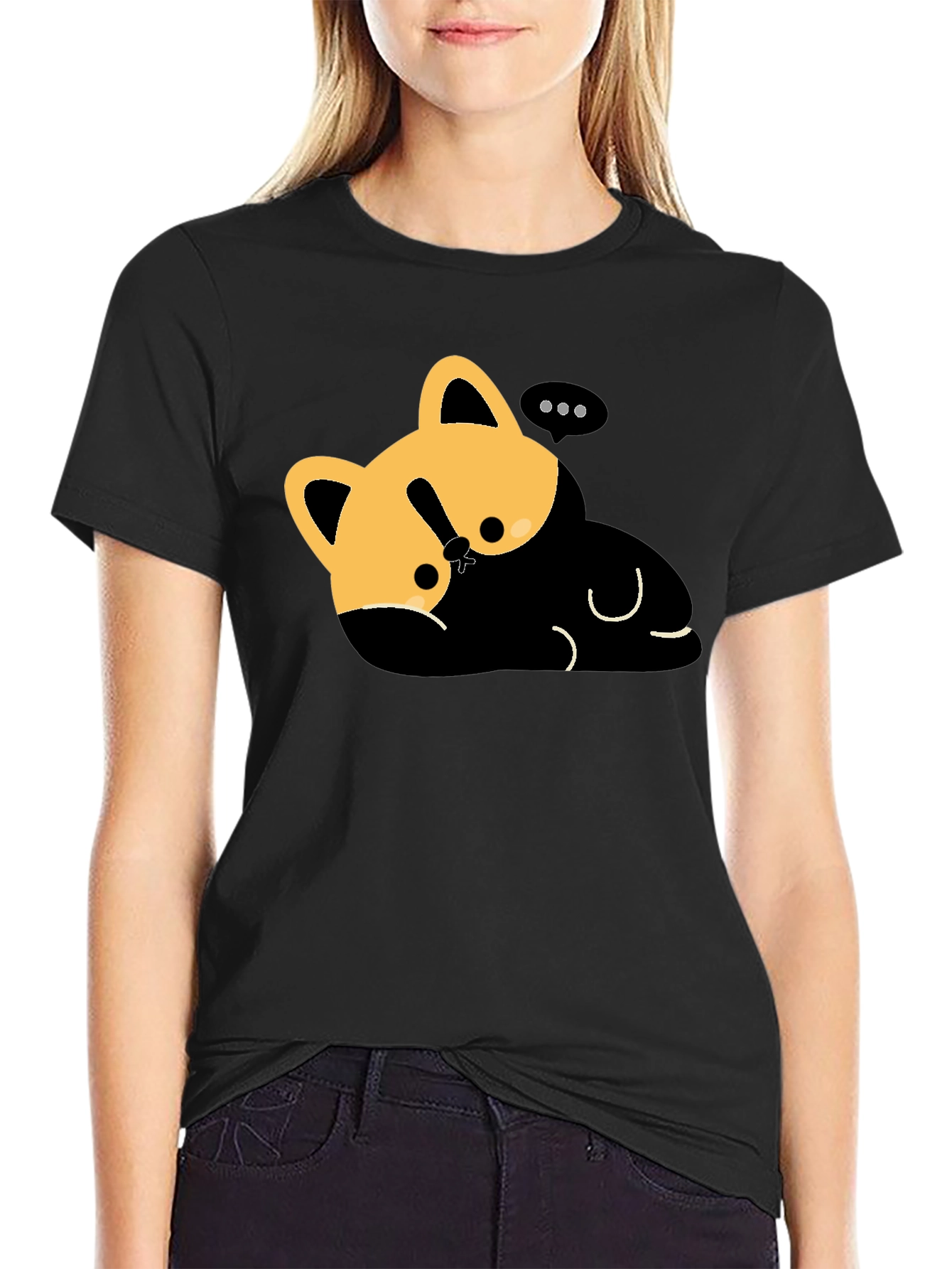 Black Cute Cat Nap T-Shirt - Relaxed Fit, Black view 2