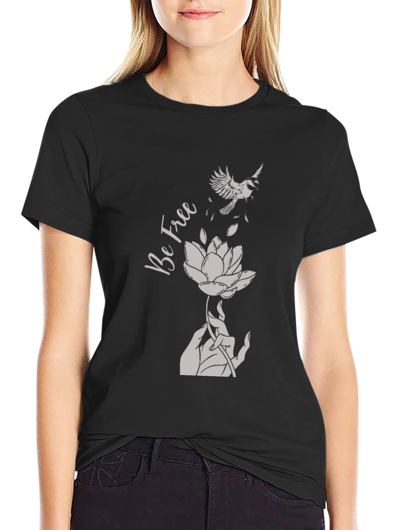 Black Be Free Graphic Tee - Bird & Lotus Design view 2