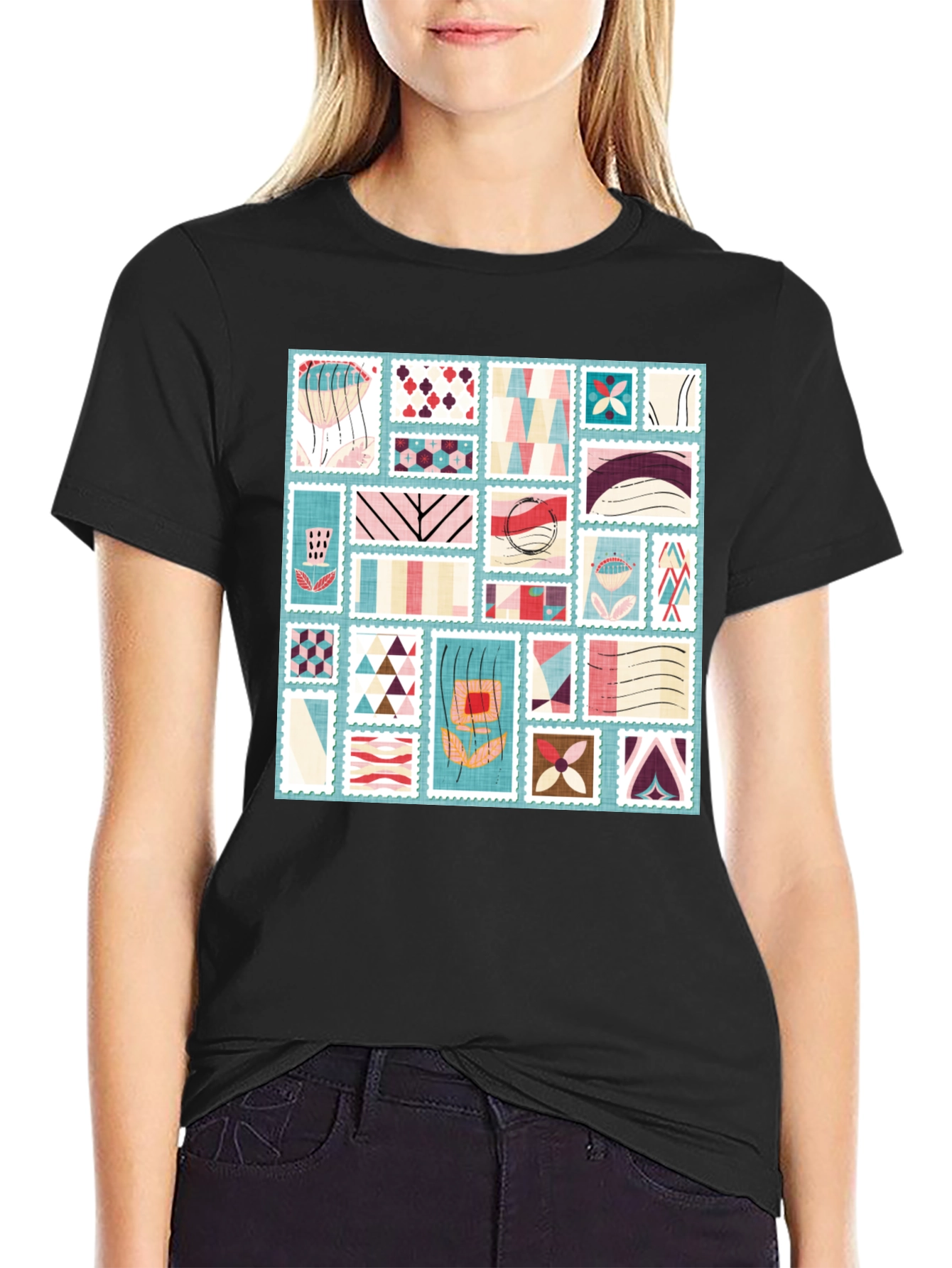 Black Abstract Stamp Print Tee - Modern Graphic T-Shirt view 2