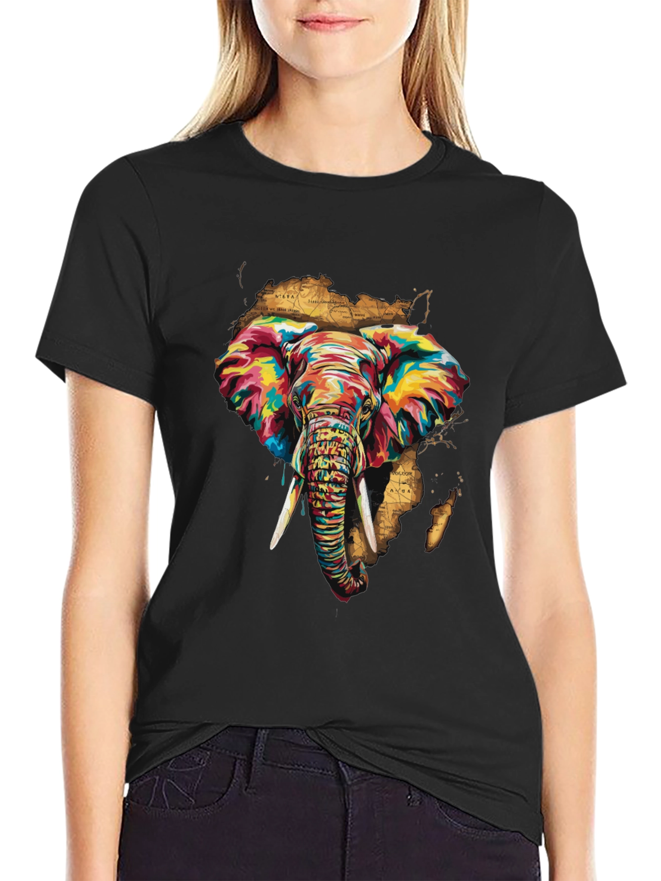 Black Vibrant Elephant Print Men's Black T-Shirt view 2