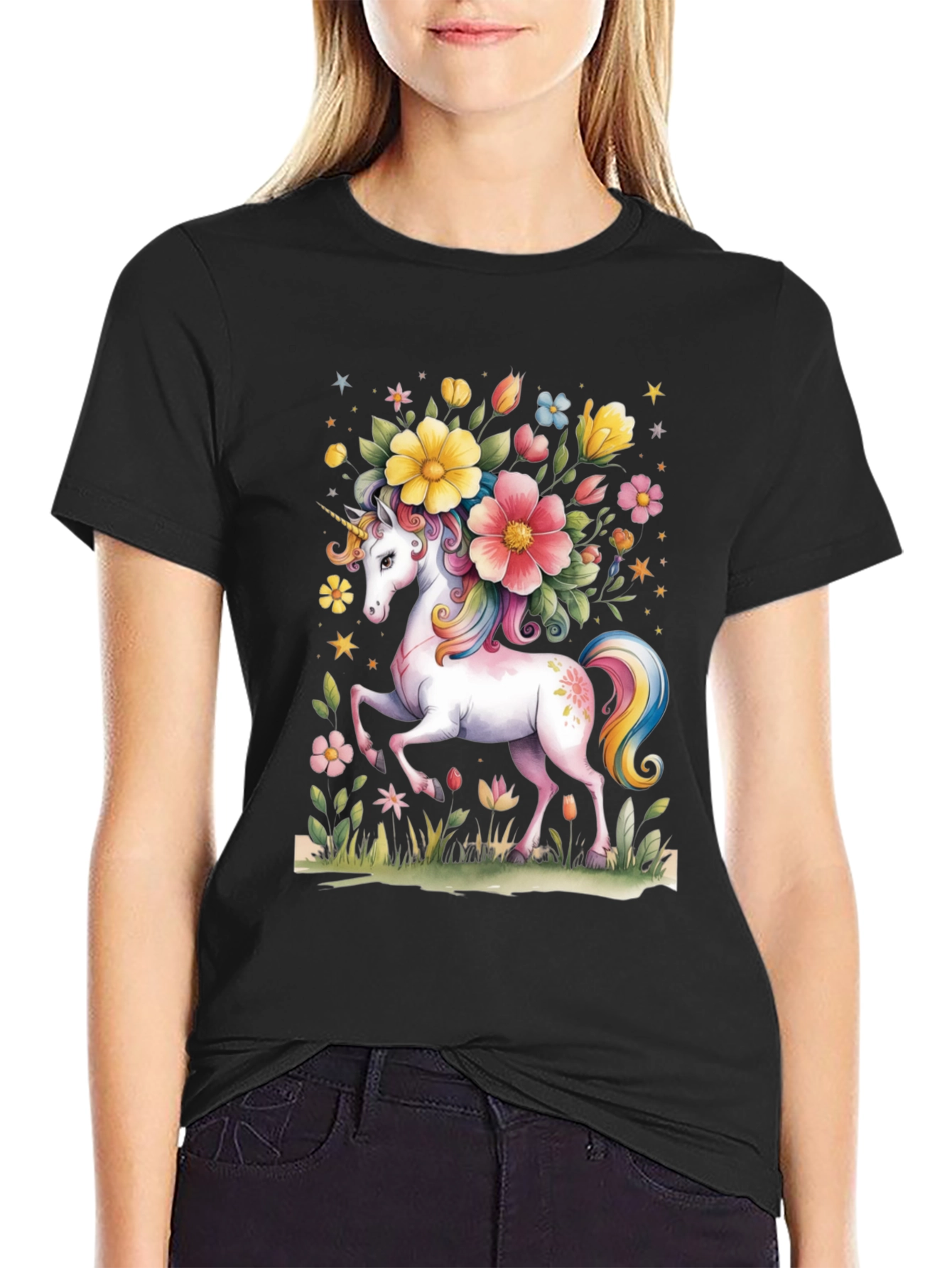 Black Unicorn Floral Graphic Tee - Black Cotton T-Shirt view 2