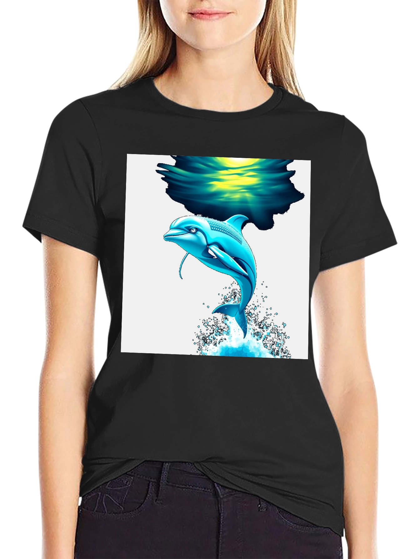 Black Dolphin Graphic Tee - Black Cotton Blend T-Shirt view 2