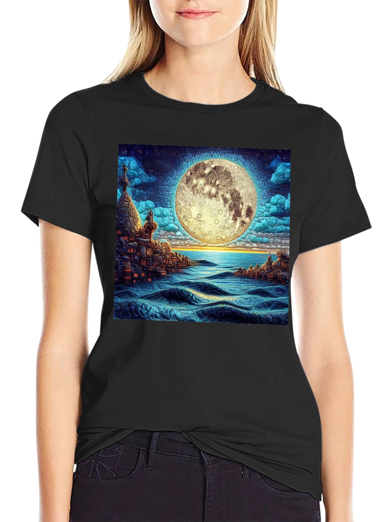 Black Moonlit Cityscape Graphic Tee view 2