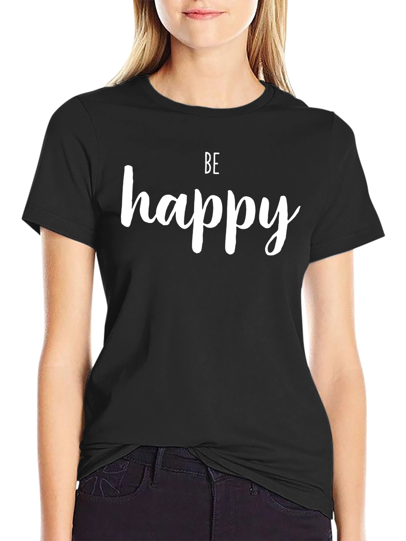 Black Be Happy Black Graphic Tee - Inspirational Fashion view 2