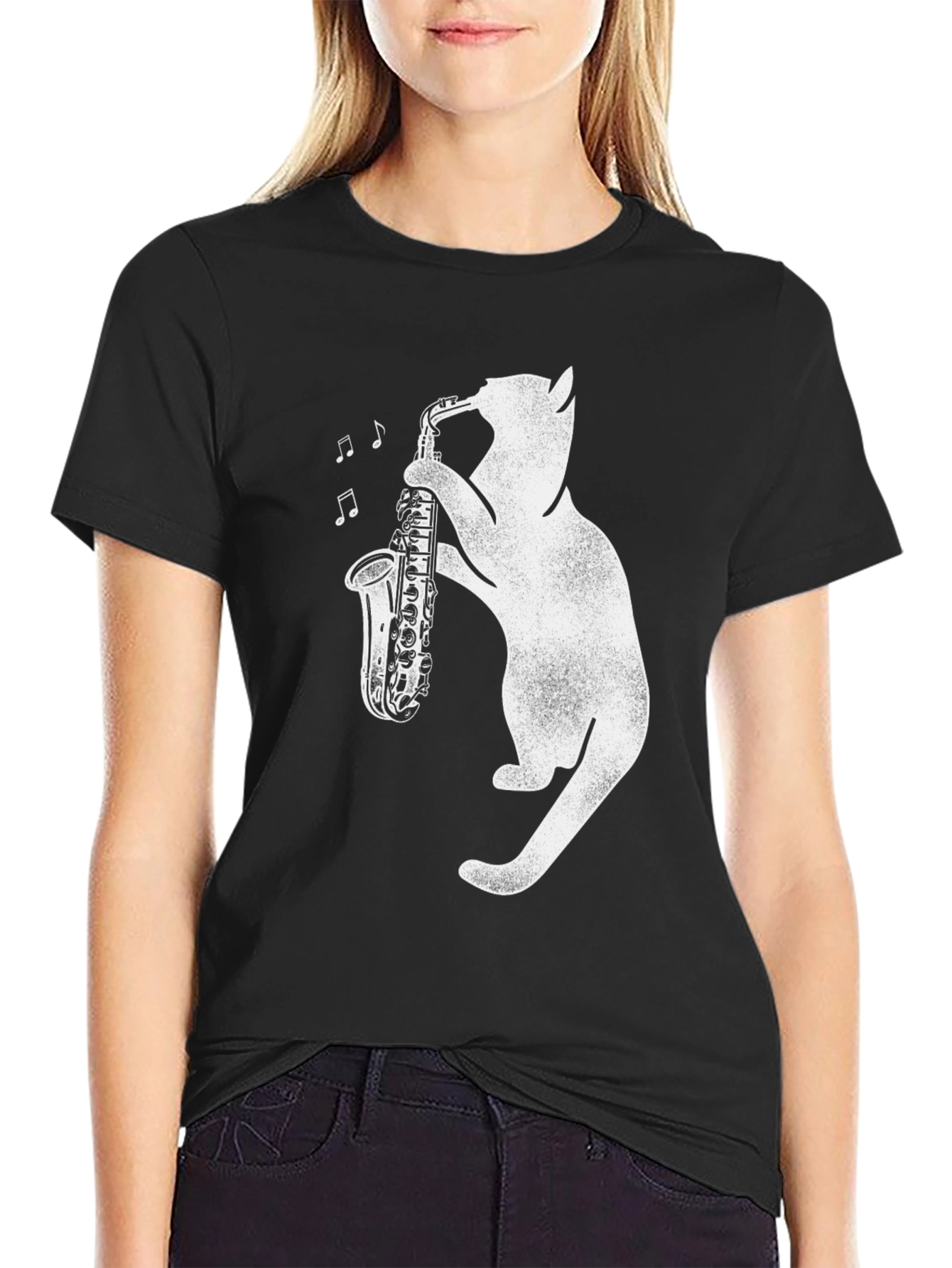 Black Cat Saxophone T-Shirt: Cool Music Lover Tee view 2