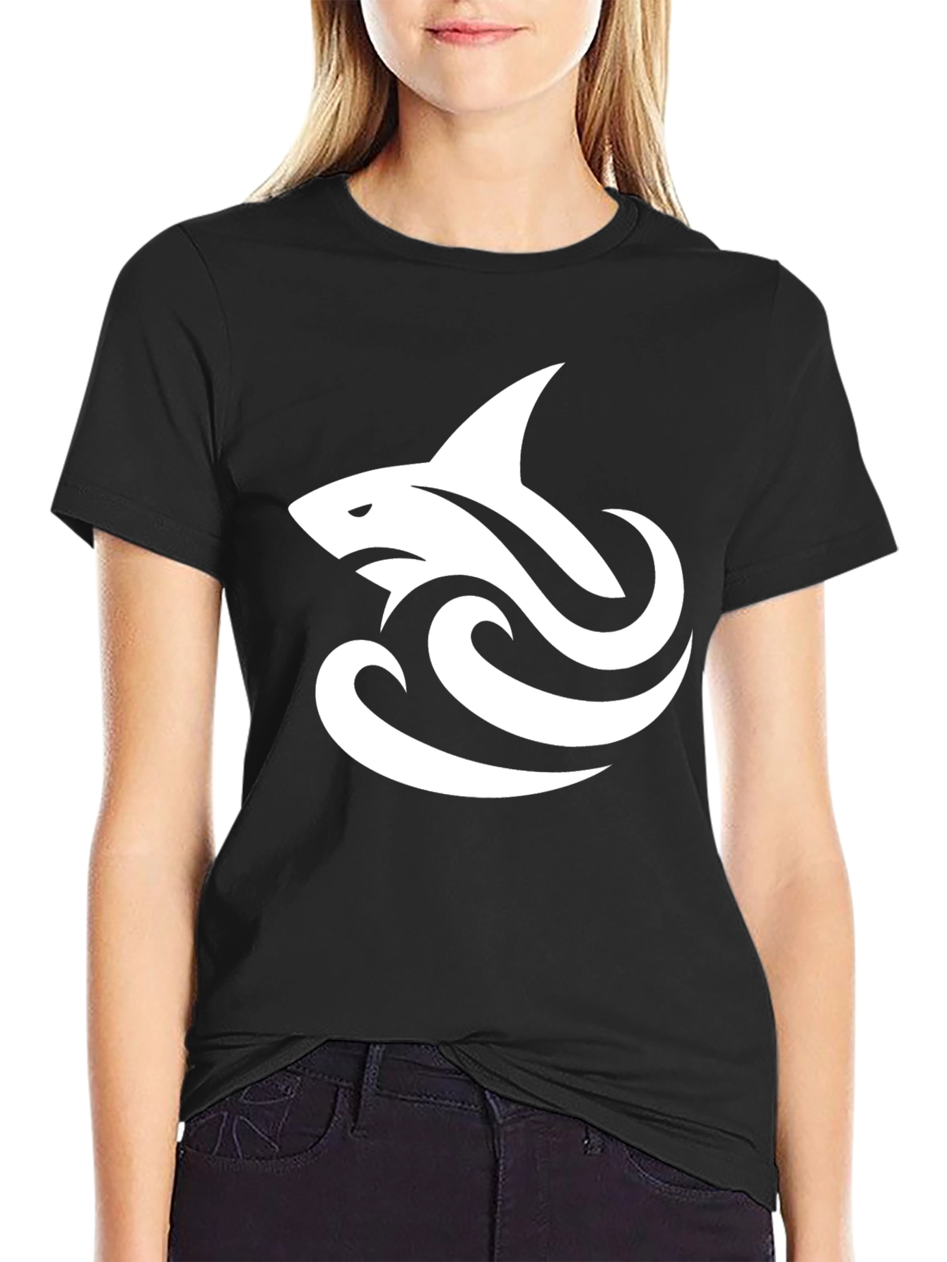 Black Cool Shark Wave Graphic Black Tee view 2