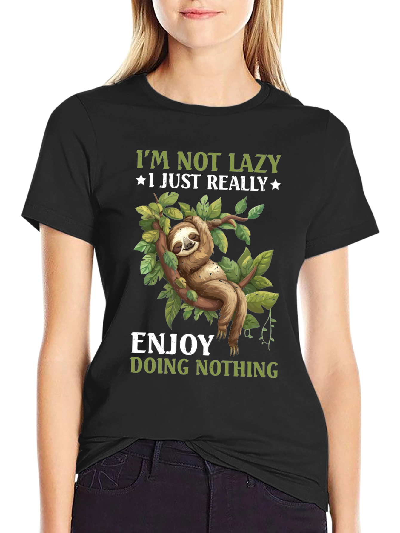 Black Funny Sloth T-Shirt: Enjoy Doing Nothing Tee view 2