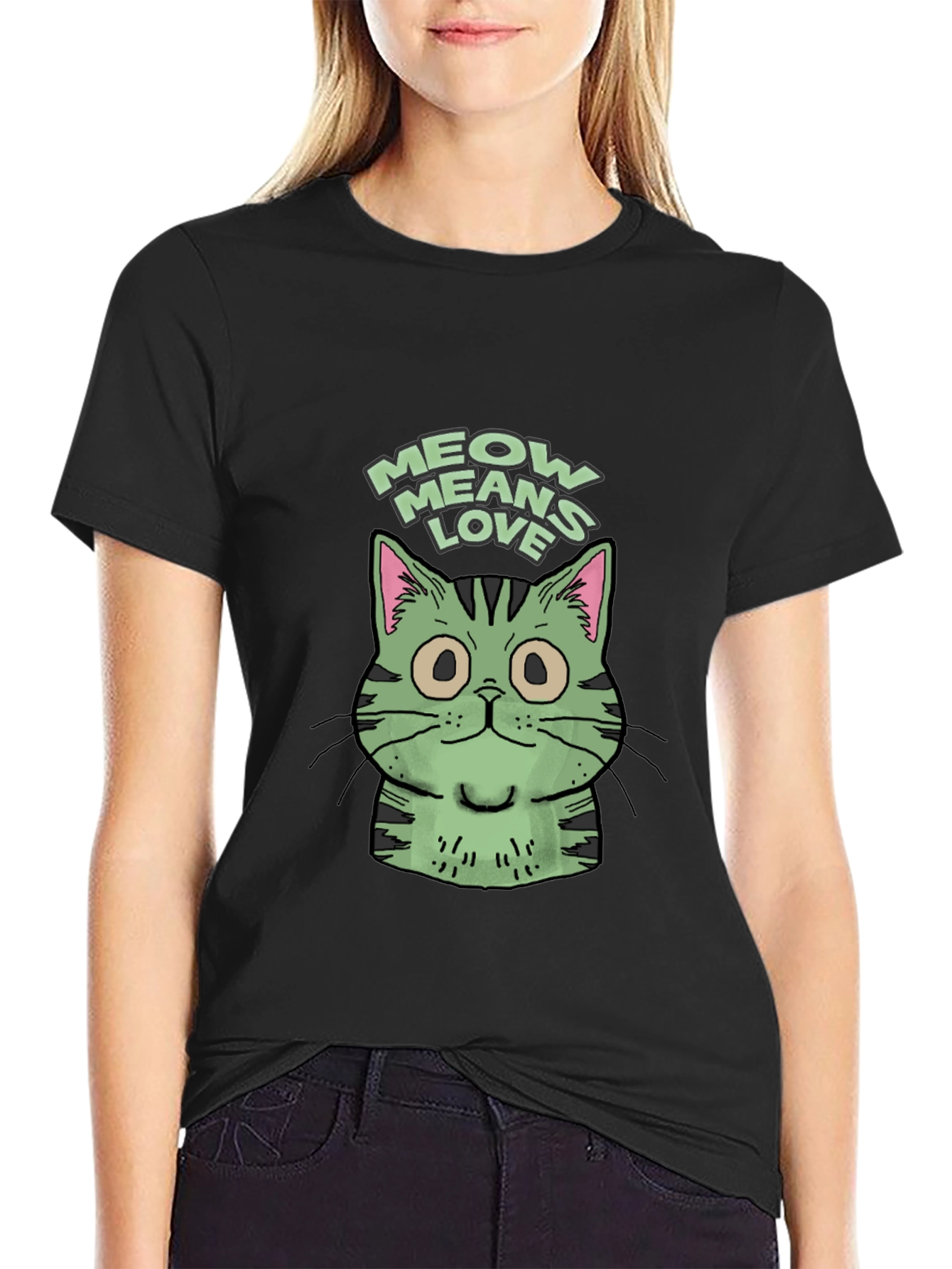 Black Meow Means Love Cat Graphic Tee - Unisex Black T-Shirt view 2