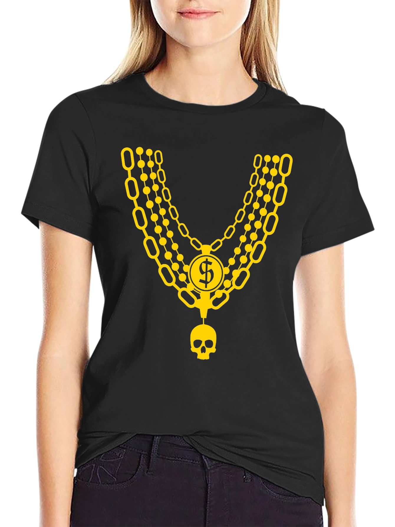 Black Men's Black T-Shirt with Gold Chain and Skull Design view 2