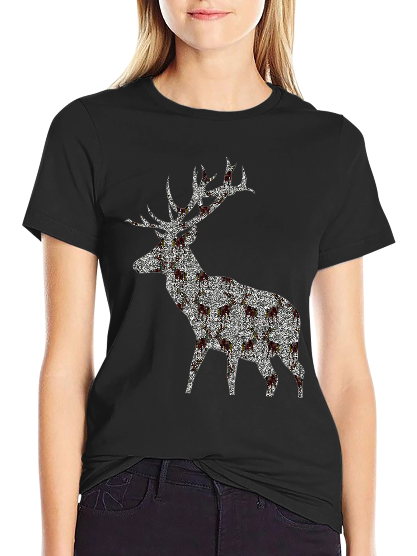 Black Stag Patterned Crew Neck T-Shirt view 2