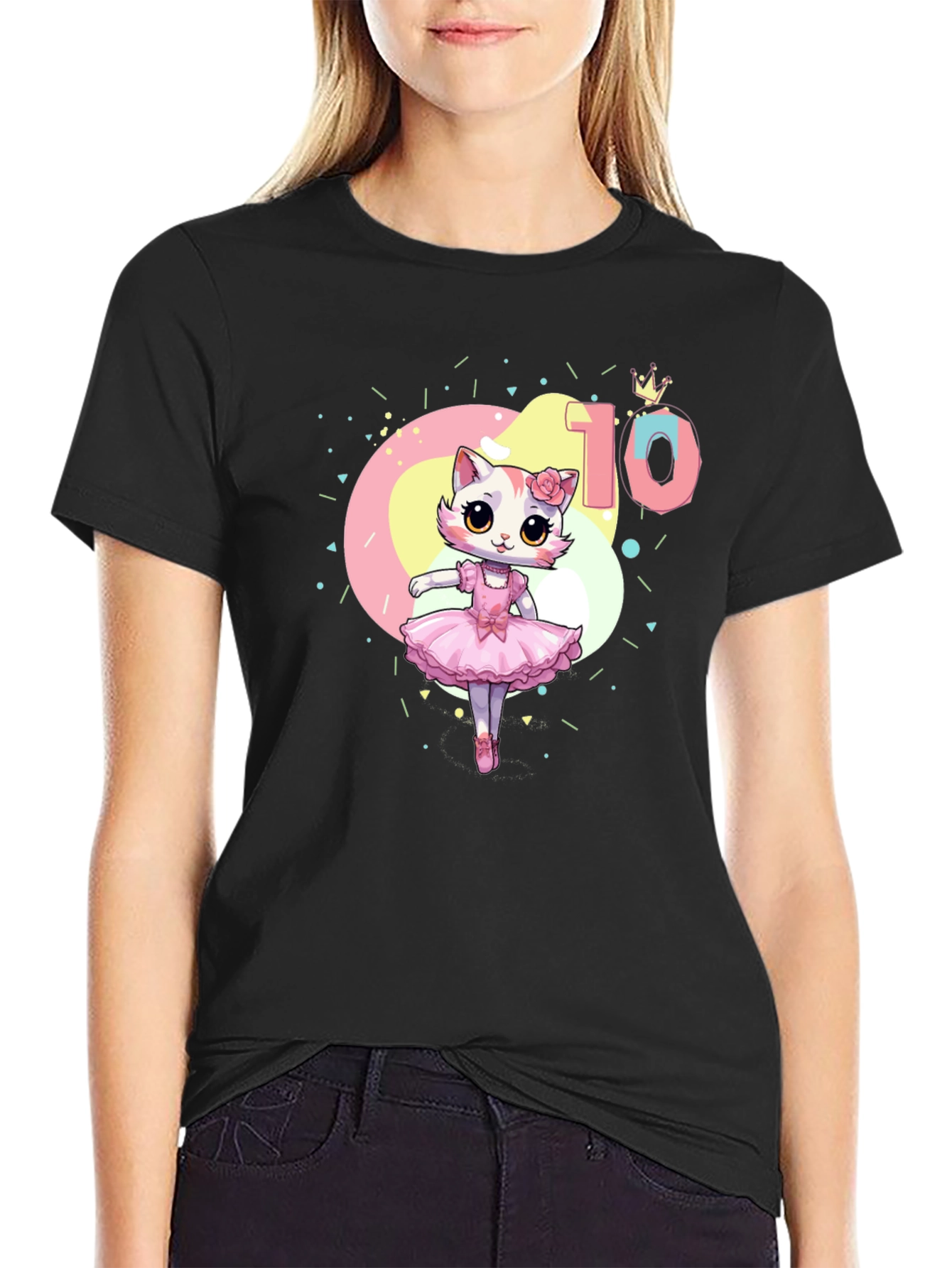 Black Cute Cat Ballerina 10th Birthday T-Shirt view 2