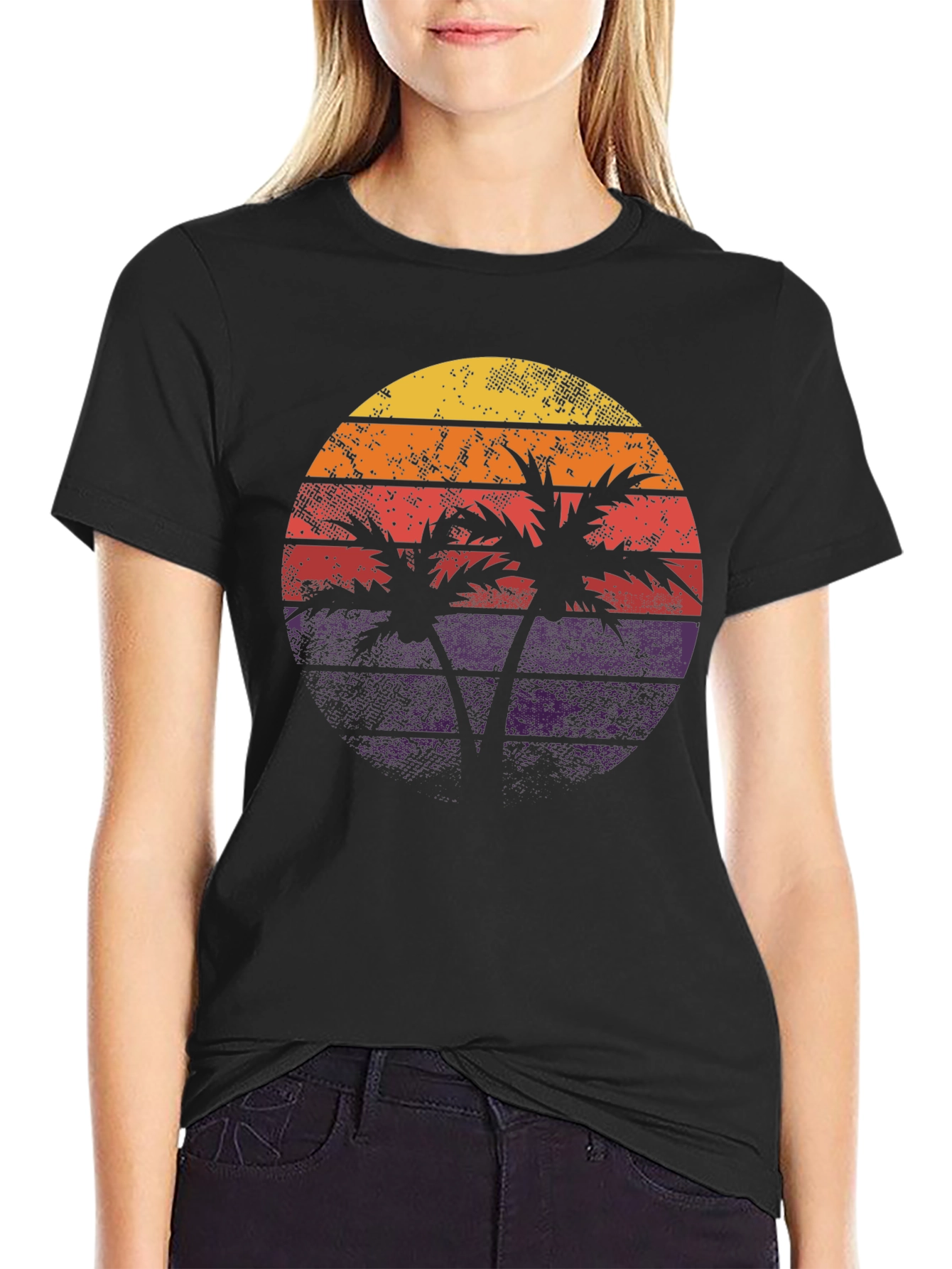 Black Retro Sunset Palm Tree Graphic Tee view 2