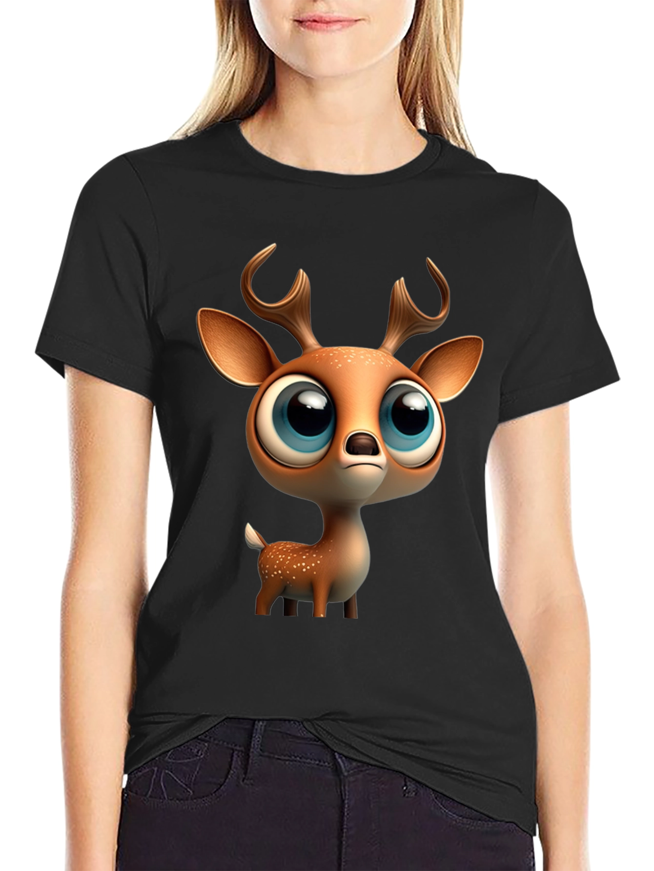 Black Cute Deer Graphic Tee - Stylish Black T-Shirt view 2