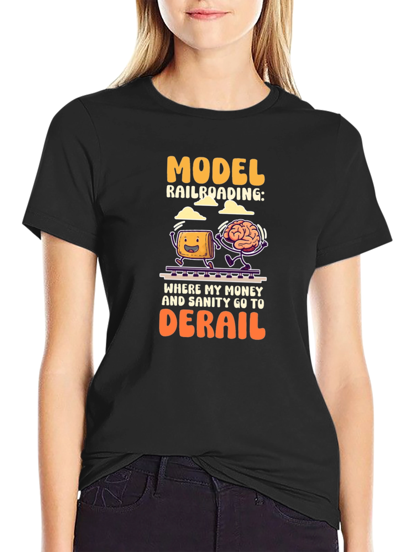 Black Model Railroading T-Shirt: Money & Sanity Derail! view 2