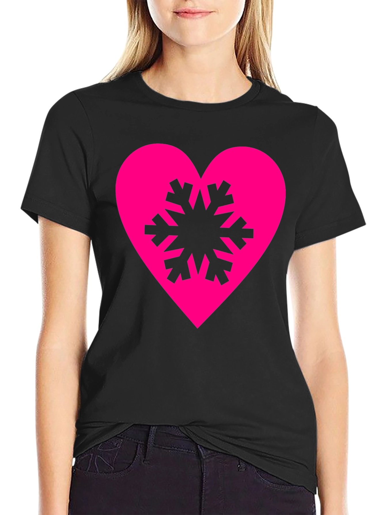 Black Heart Snowflake Graphic Tee - Stylish Black T-Shirt view 2