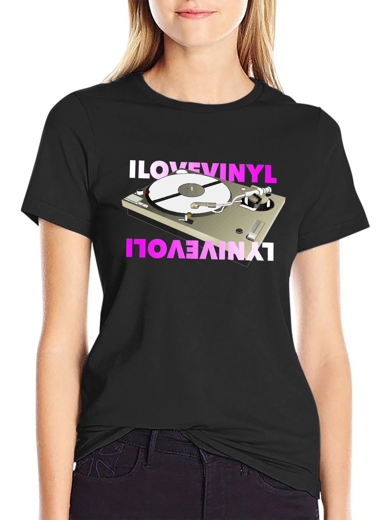 Black I Love Vinyl Turntable Graphic Tee view 2