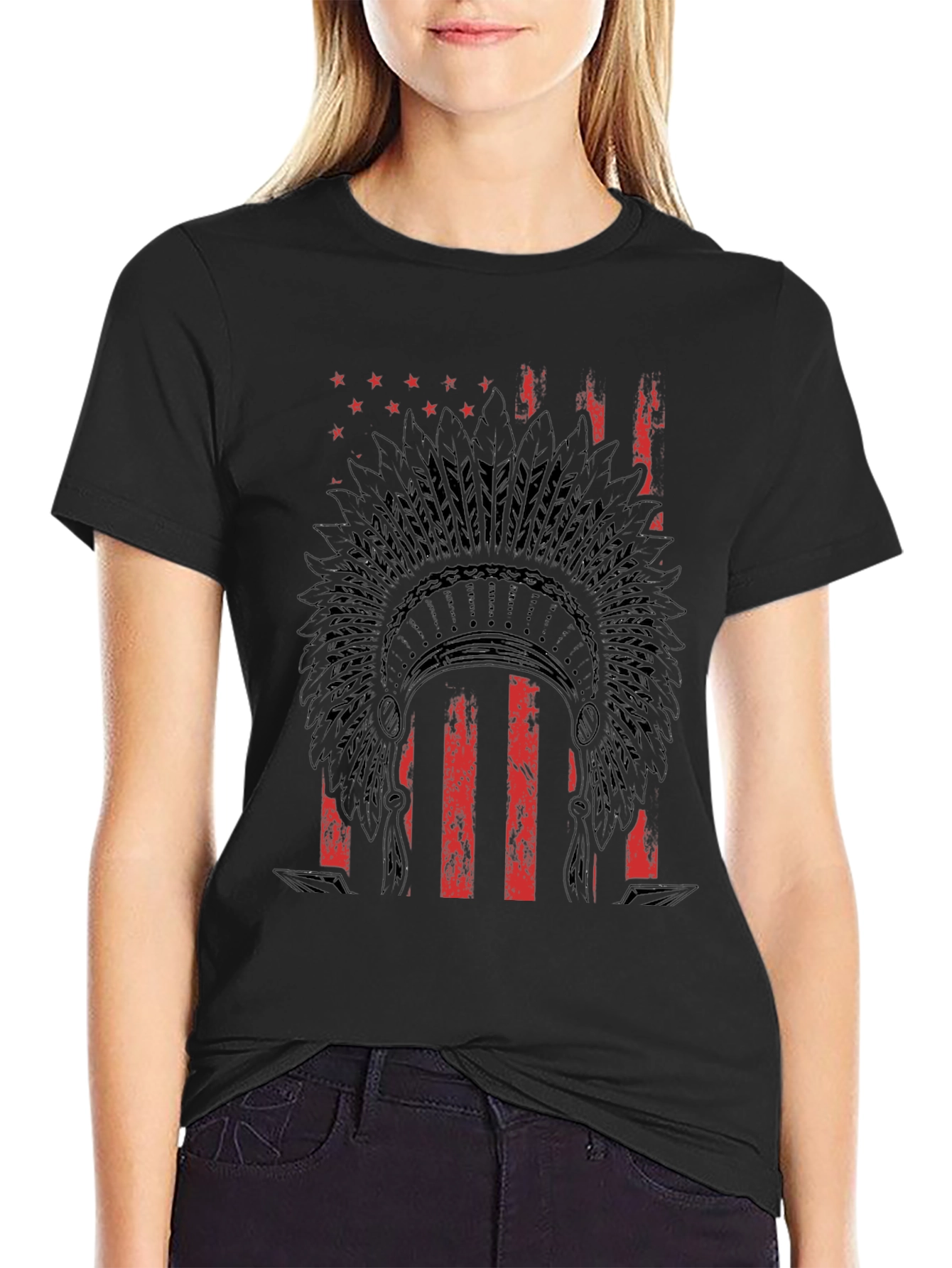 Black American Flag Indian Headdress Graphic T-Shirt view 2