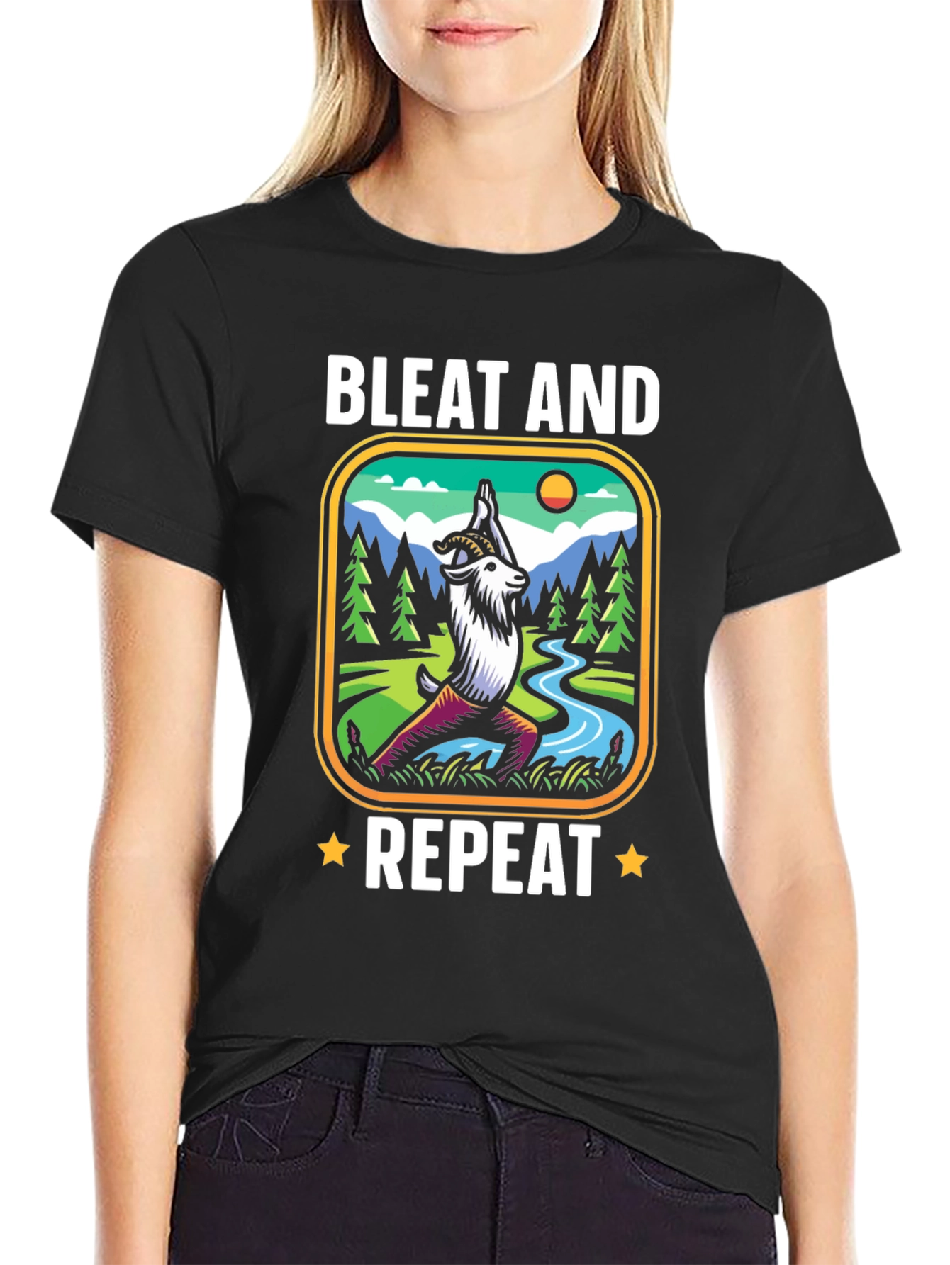 Black Bleat and Repeat Yoga Goat T-Shirt view 2