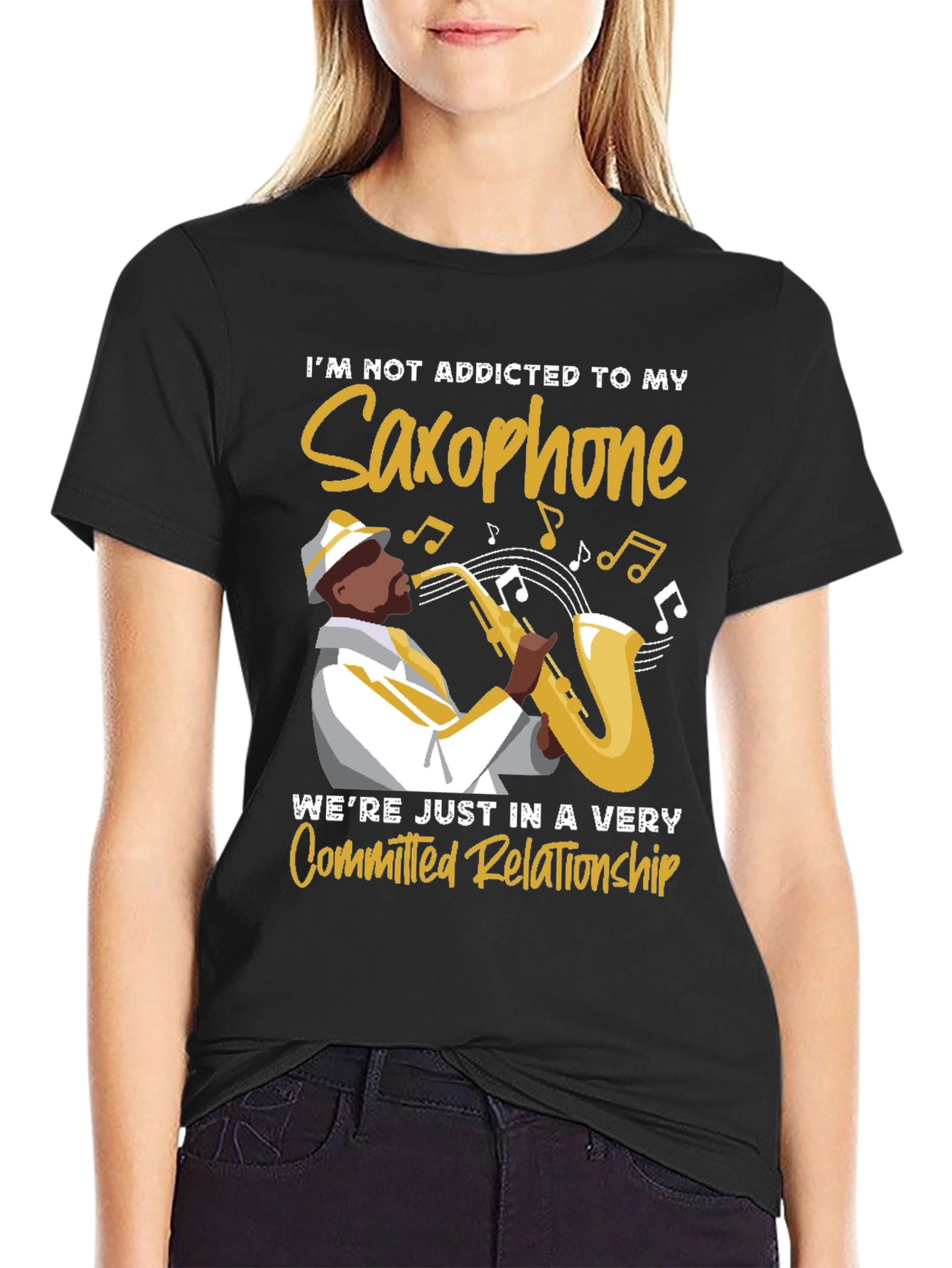 Black Saxophone Lover T-Shirt: Committed Relationship Tee view 2