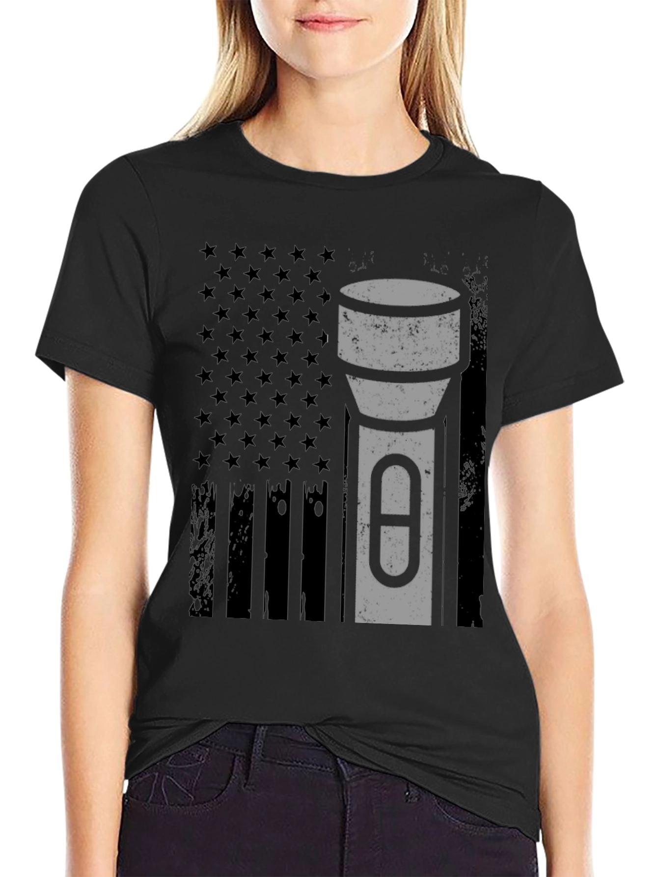 Black American Flag Tactical Flashlight T-Shirt view 2