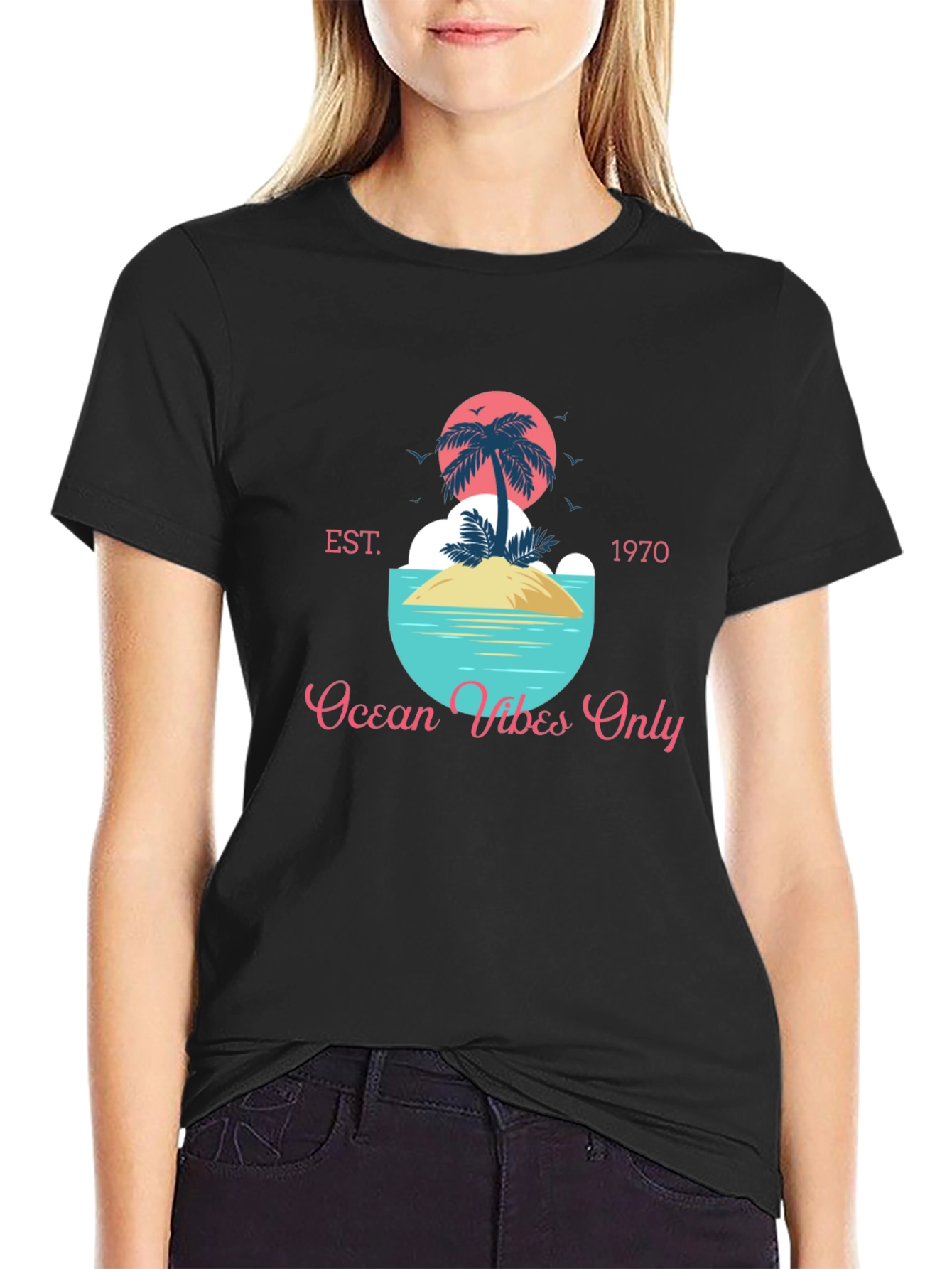 Black Ocean Vibes Only T-Shirt - Tropical Island Design view 2