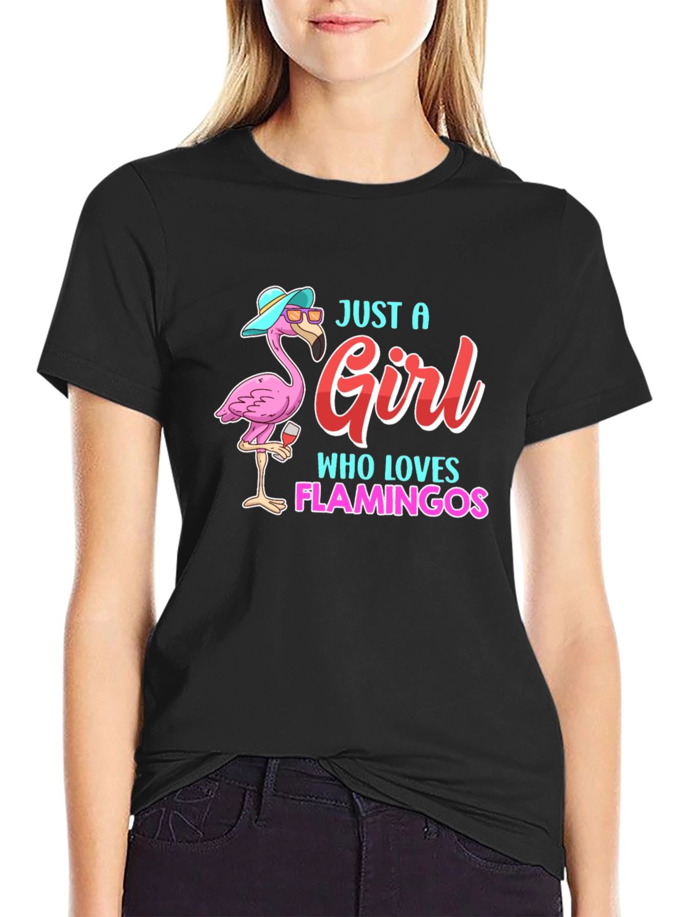 Black Just a Girl Who Loves Flamingos T-Shirt view 2