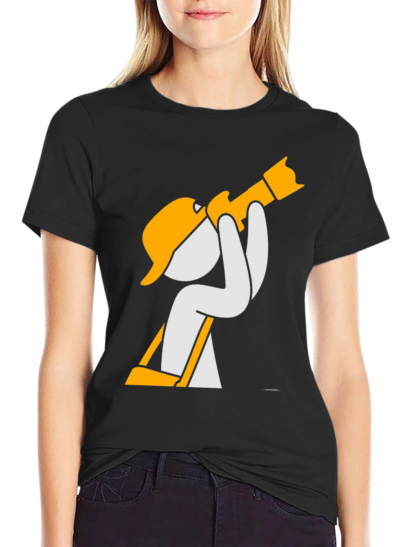 Black Construction Worker Cartoon Graphic T-Shirt view 2